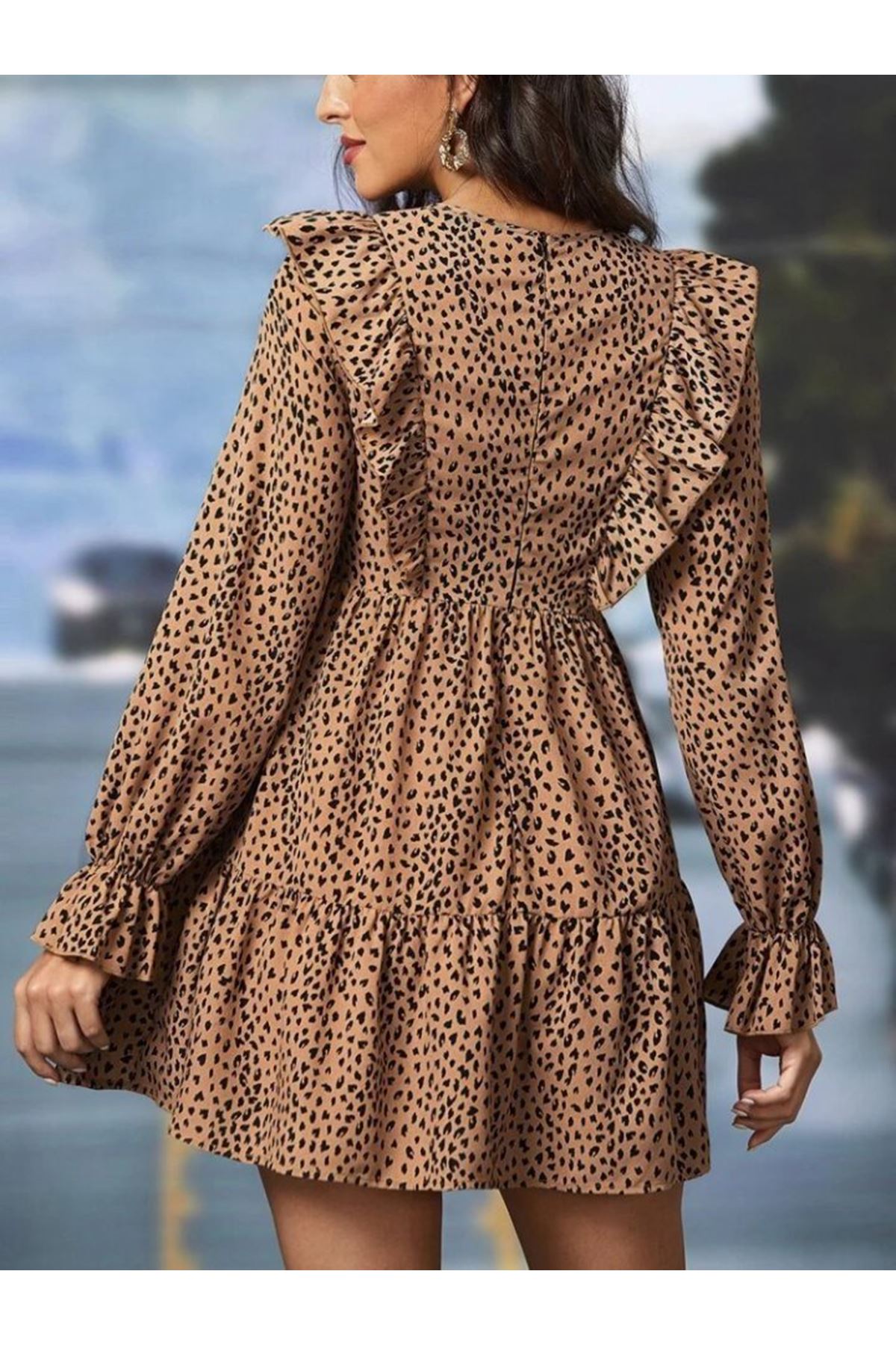 Kadın Uzun Kollu Yaka Ve Sırt Fırfır Detay Mikro Mini Boy Elbise