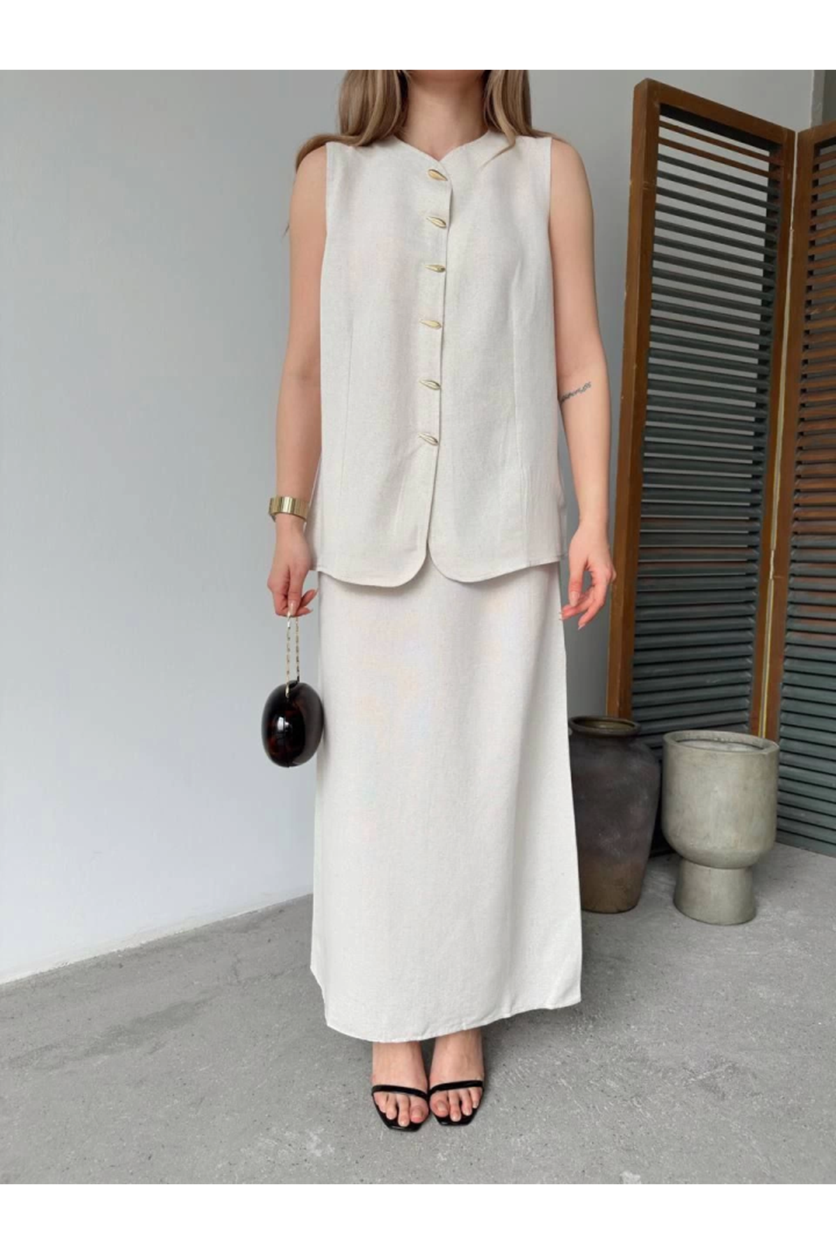 Keten Kolsuz Hırka Etek Ikili Takım- Beyaz