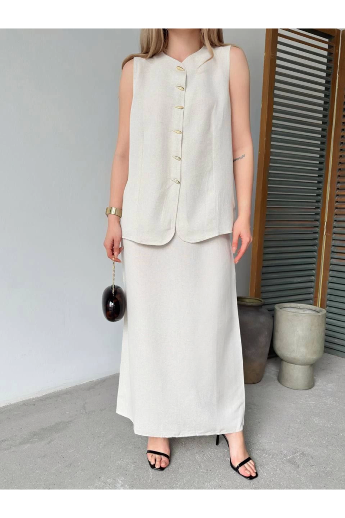 Keten Kolsuz Hırka Etek Ikili Takım- Beyaz
