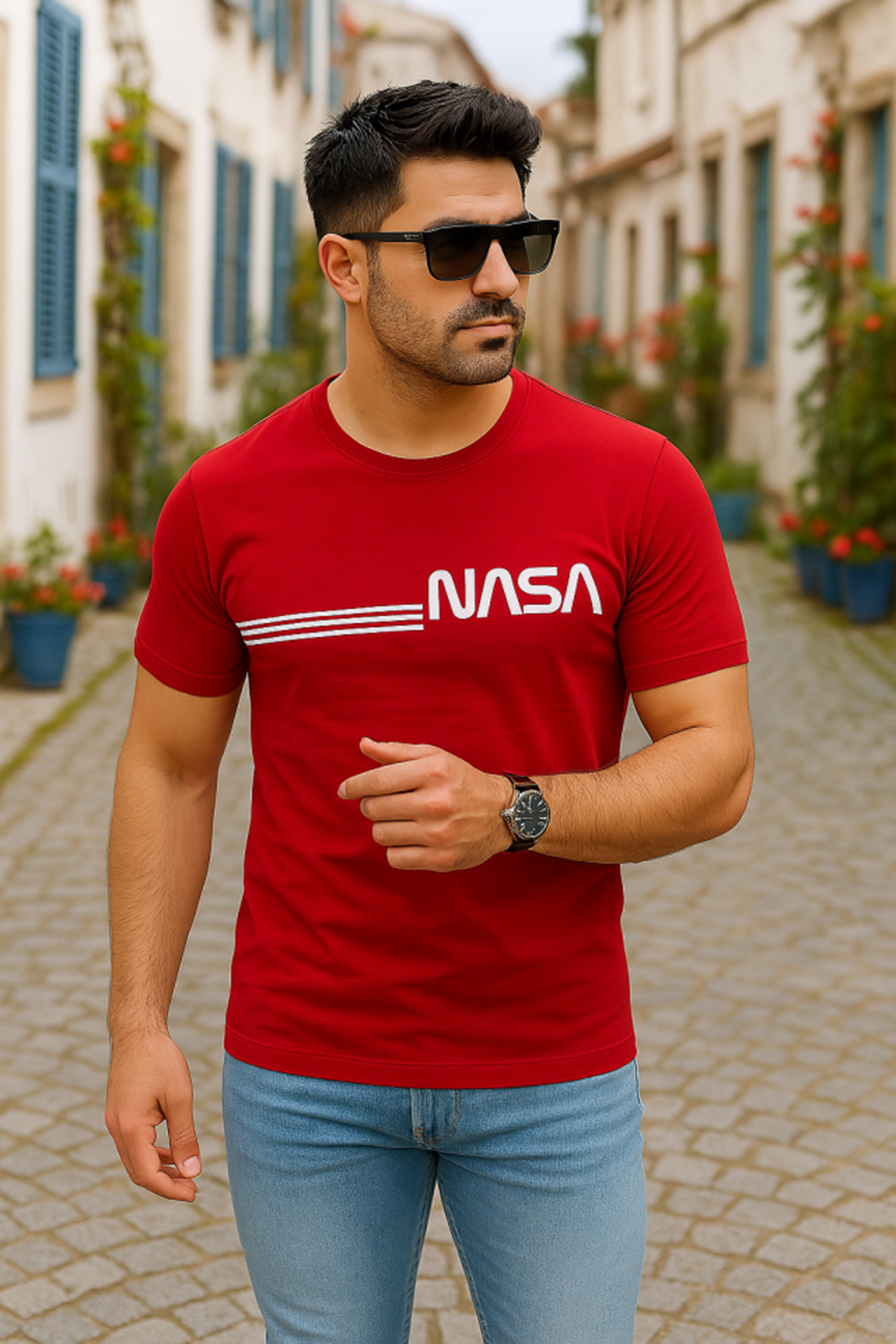 Erkek Kısa Kollu Nasa Baskı Basic Erkek T-shirt
