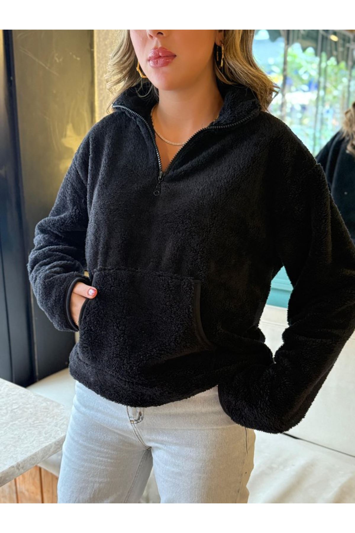 Kadın Uzun Kollu önden Fermuarlı Cepli Peluş Sweat