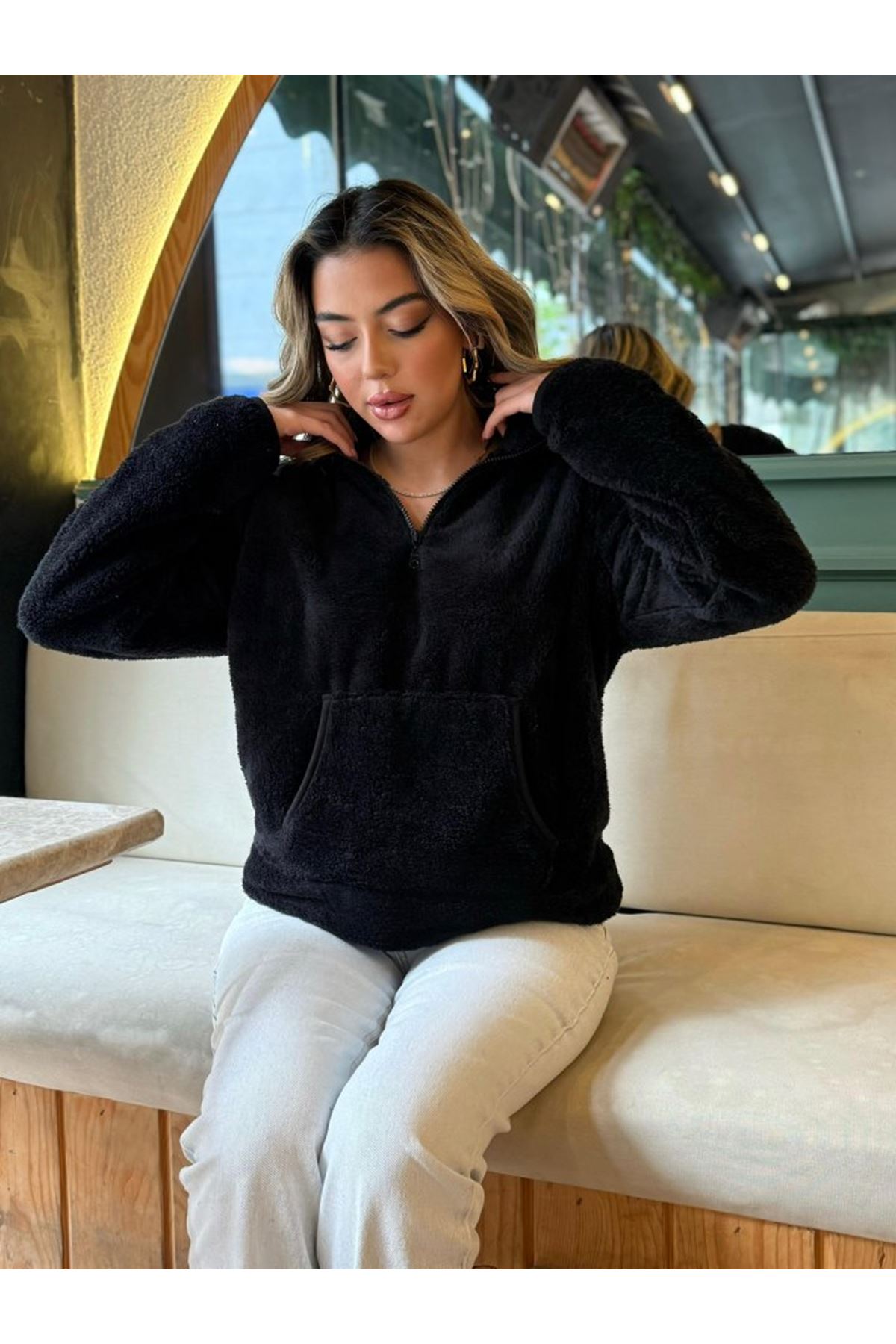 Kadın Uzun Kollu önden Fermuarlı Cepli Peluş Sweat