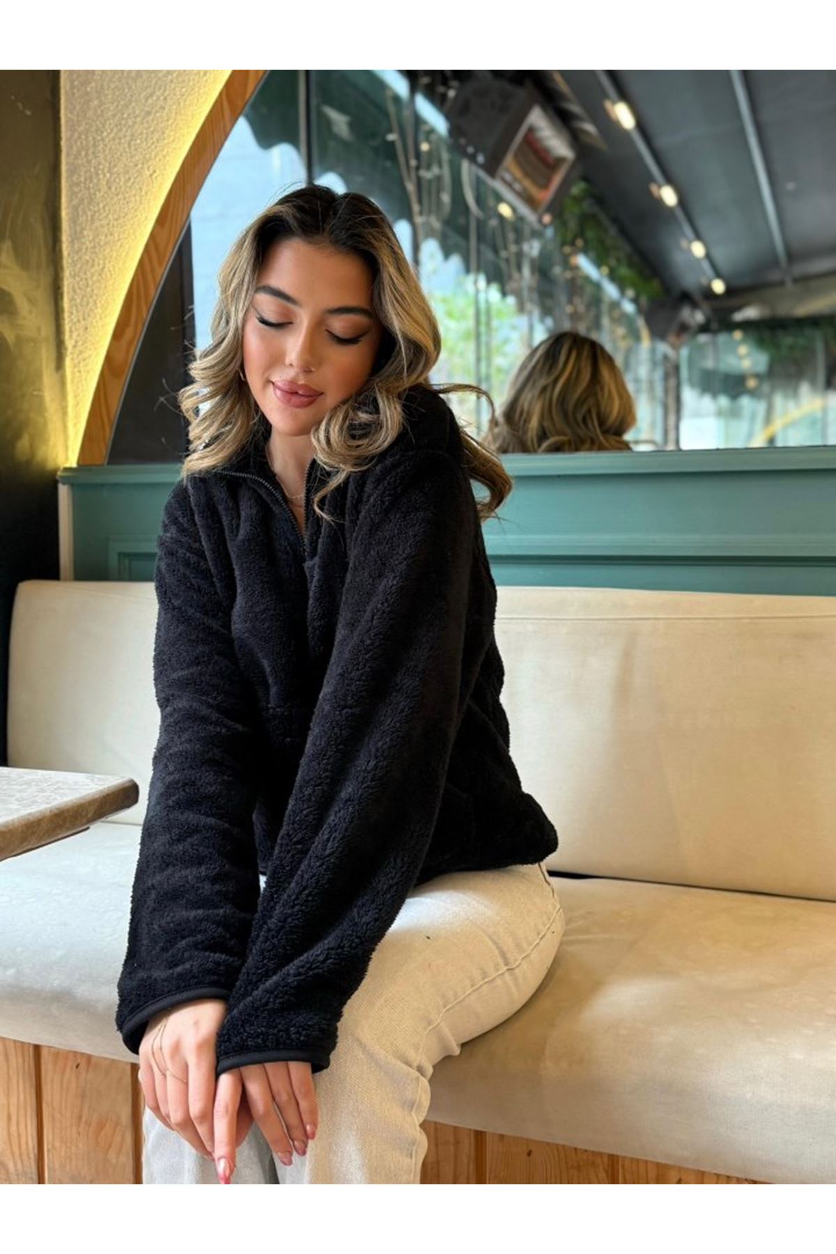 Kadın Uzun Kollu önden Fermuarlı Cepli Peluş Sweat