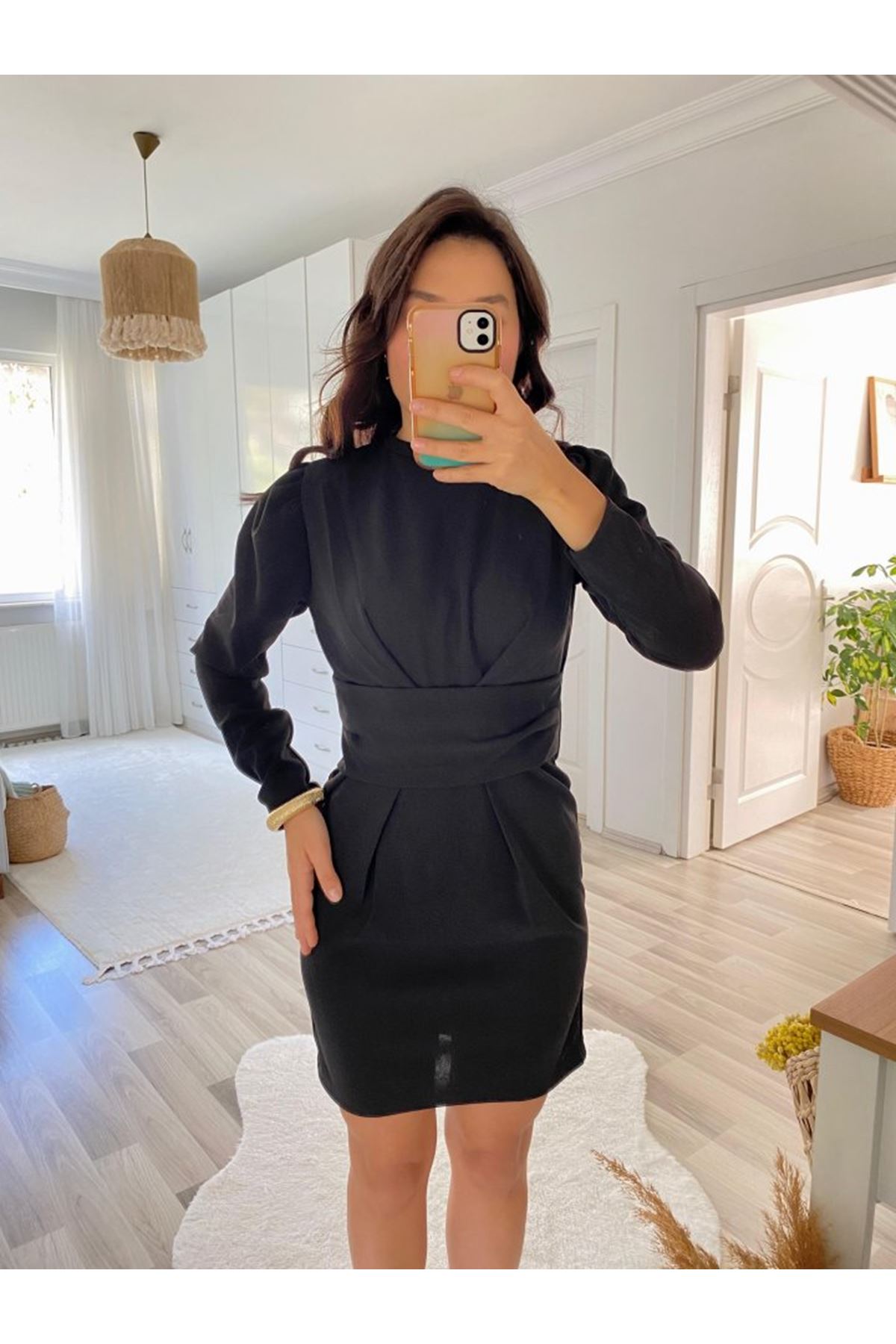 Kadın Uzun Kollu Bisiklet Yaka Bel Kemer Detay Ithal Krep Elbise