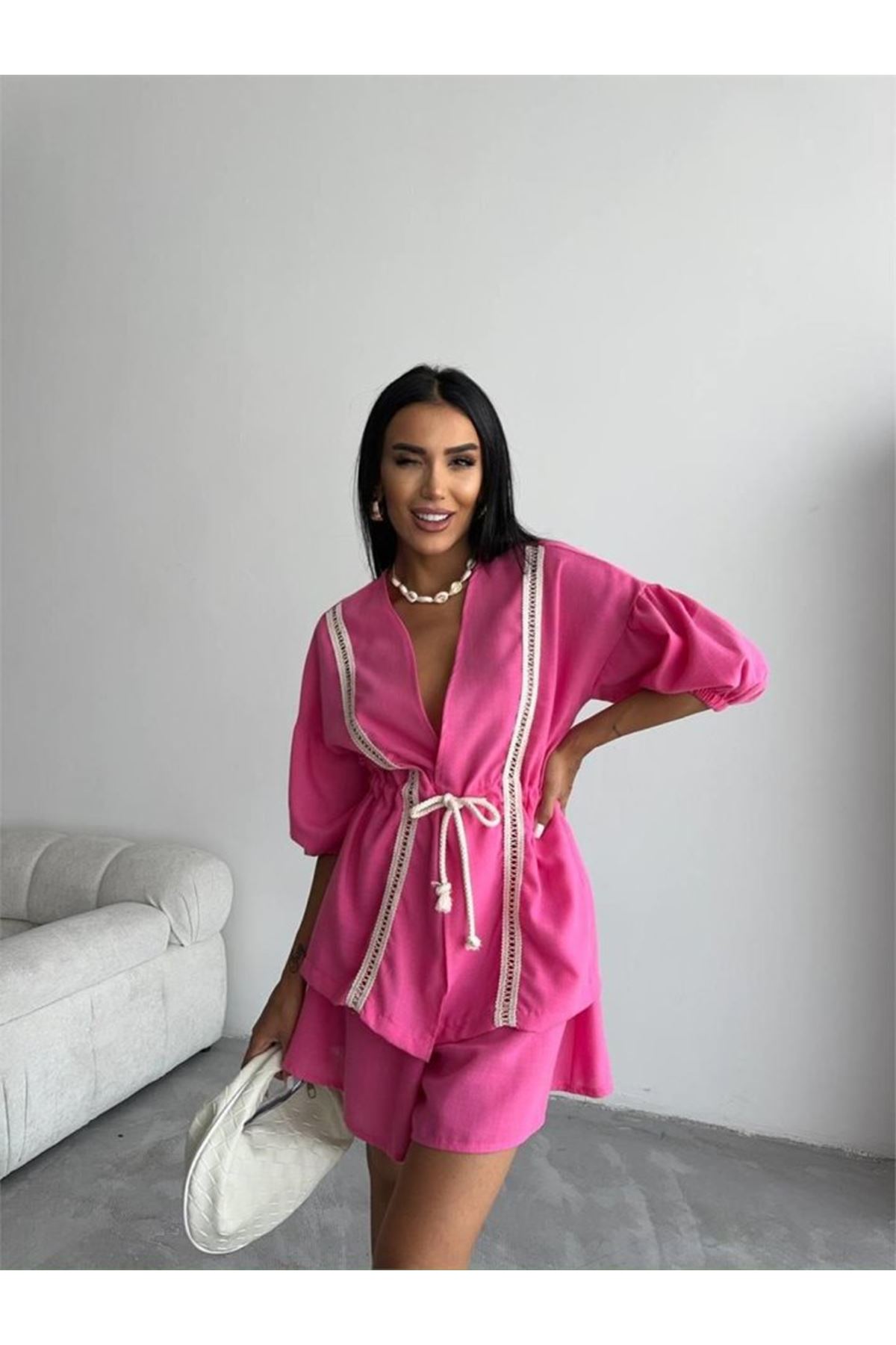 KETEN BEL BÜZGÜLÜ BLUZ-PANTOLON TAKIM - Fuşya