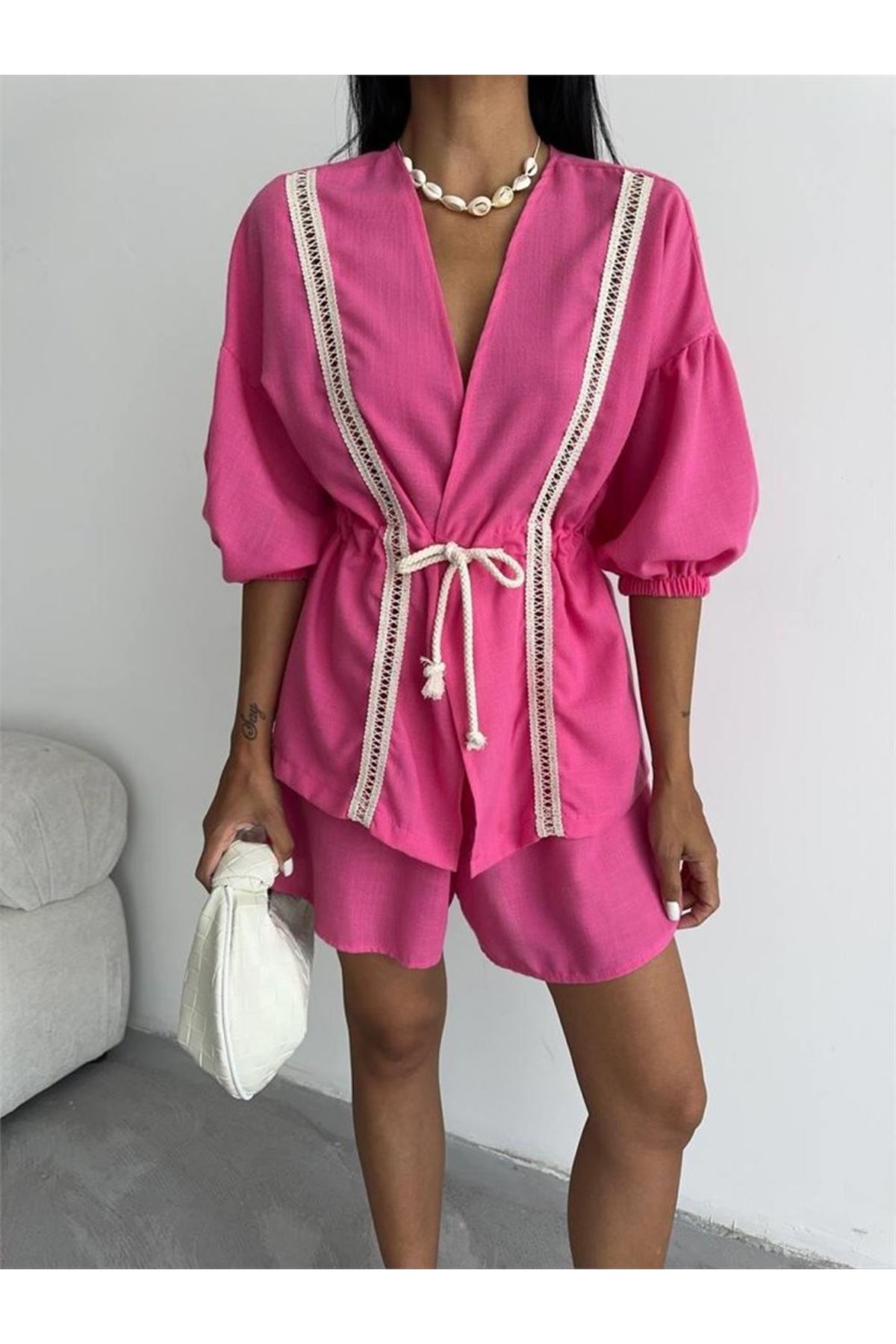 KETEN BEL BÜZGÜLÜ BLUZ-PANTOLON TAKIM - Fuşya