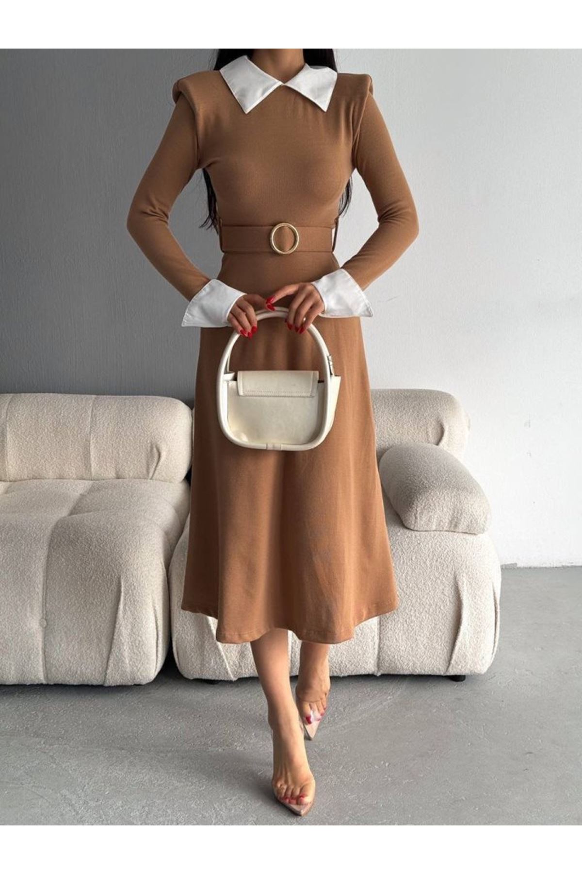 Kadın Uzun Kol Gömlek Yaka Ve Vatka Detay Kemer Dahil Midi Boy Elbise