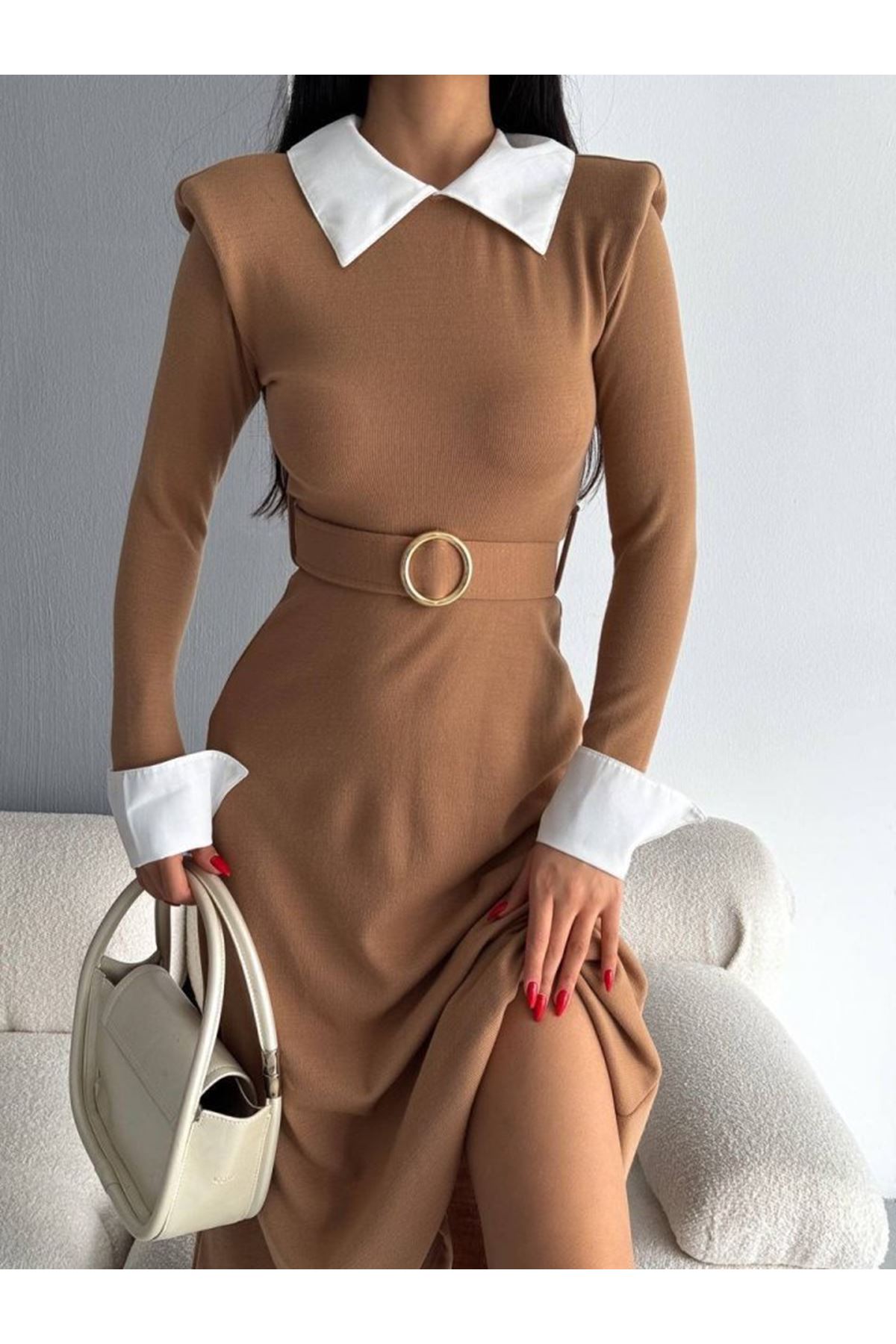 Kadın Uzun Kol Gömlek Yaka Ve Vatka Detay Kemer Dahil Midi Boy Elbise