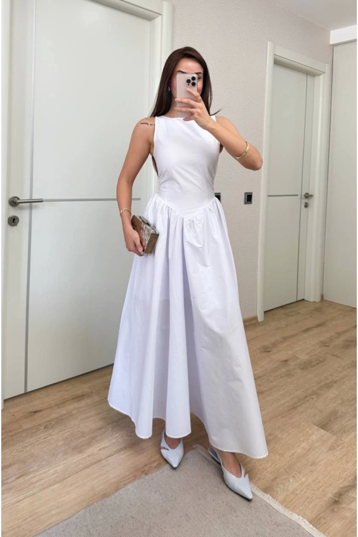 Sifir Kol Beli Oturtmalı Kolsuz Uzun Elbise - Beyaz