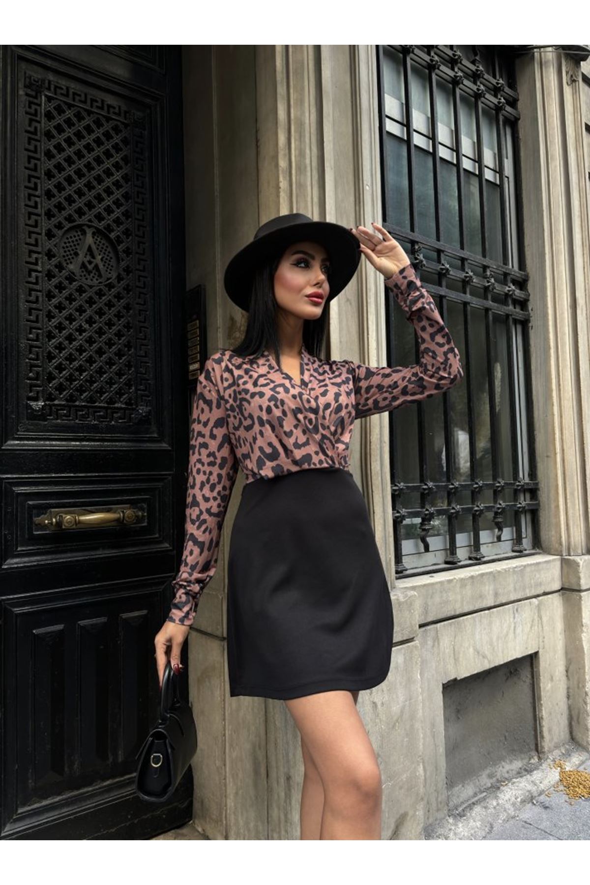 Kadın Uzun Kollu Kruvaze Yaka Krep Mini Boy Elbise