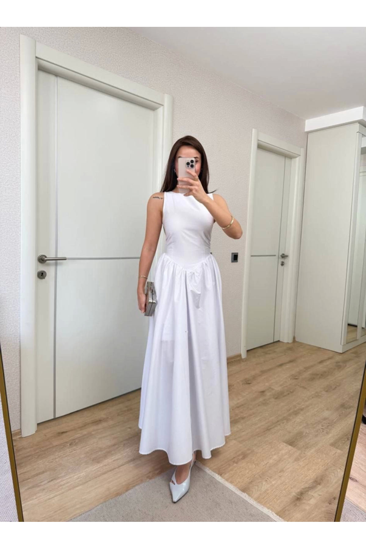 Sifir Kol Beli Oturtmalı Kolsuz Uzun Elbise - Beyaz