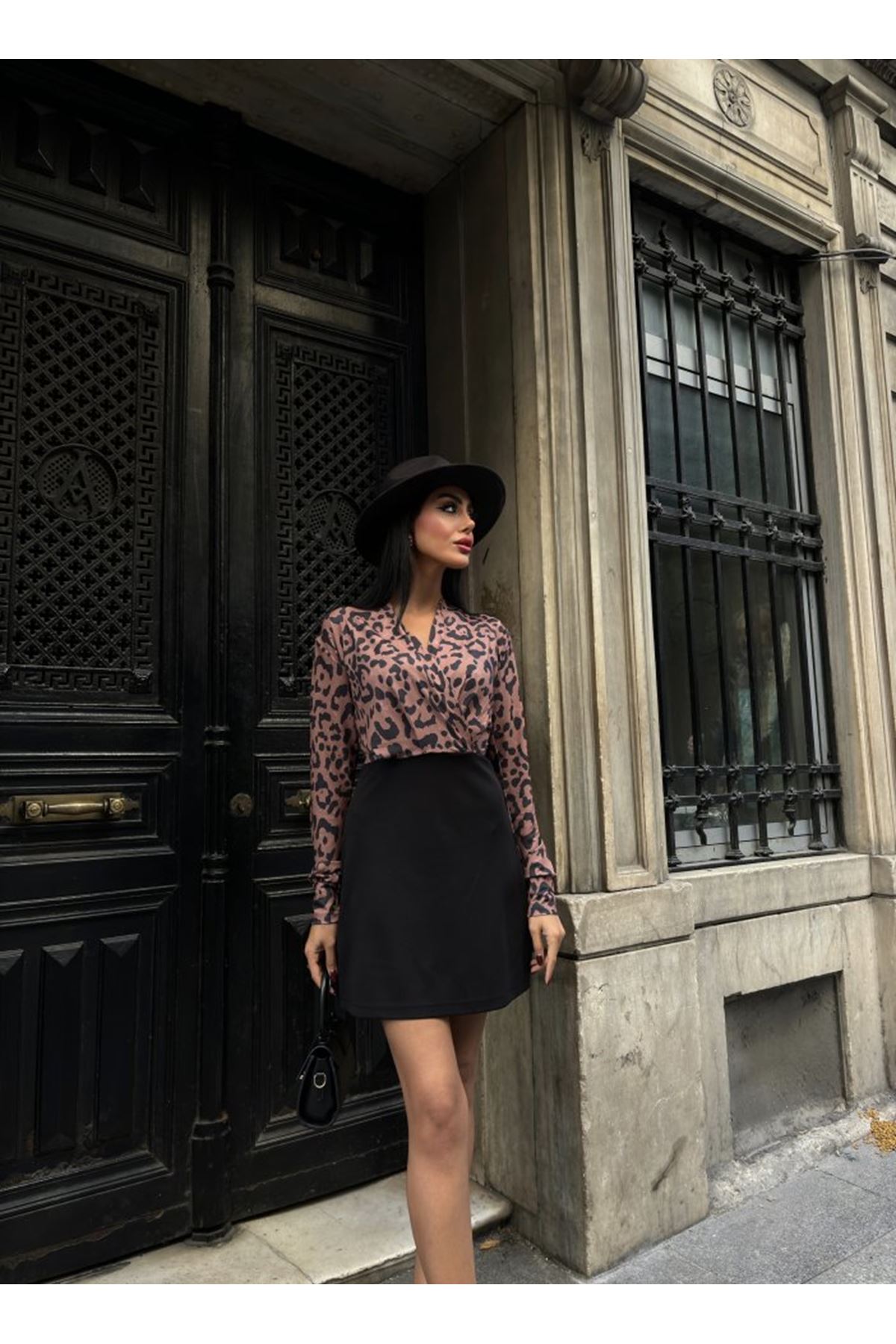 Kadın Uzun Kollu Kruvaze Yaka Krep Mini Boy Elbise