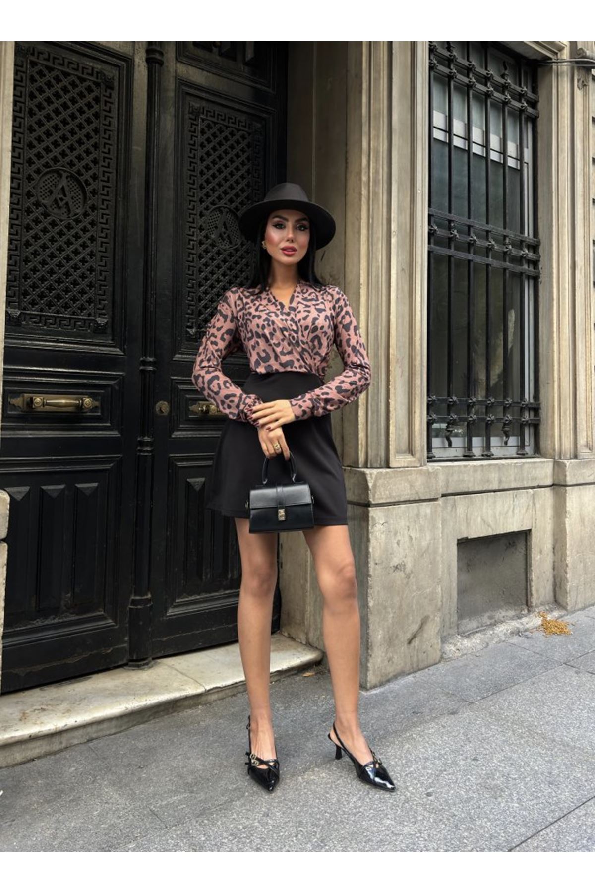 Kadın Uzun Kollu Kruvaze Yaka Krep Mini Boy Elbise