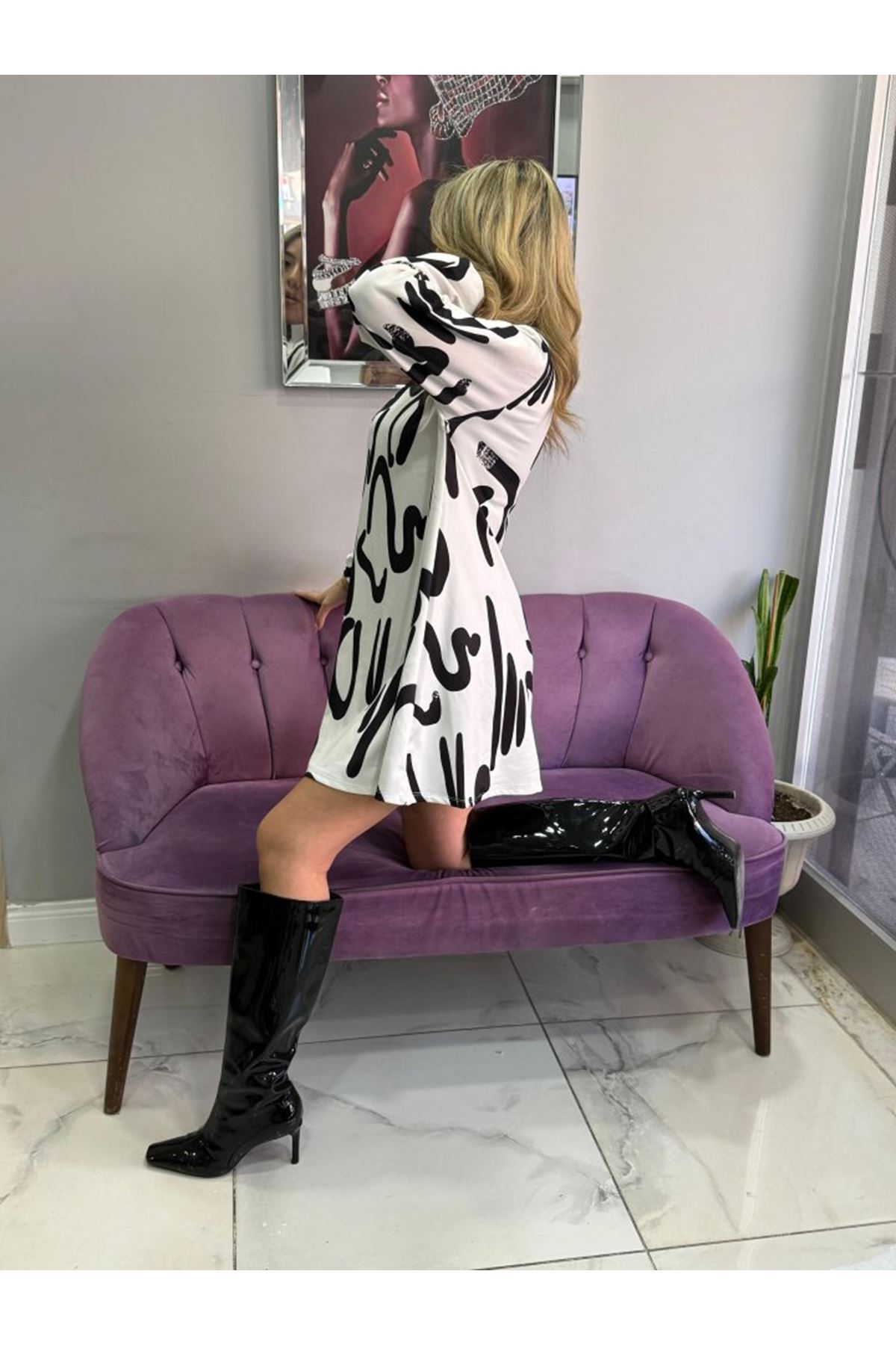 Kadın Uzun Kollu Yarı Balıkçı Yaka Desenli Kısa Dalgıç Elbise