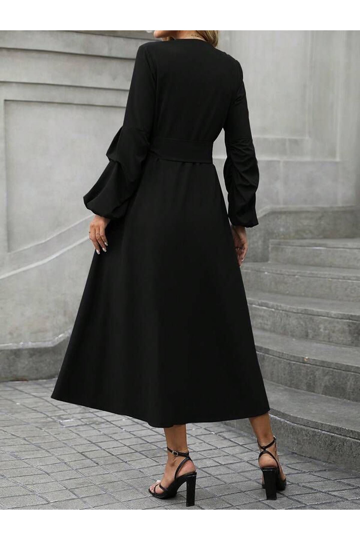 Kadın Uzun Kollu Derin V Yakalı Belden Kuşaklı önden Düğmeli Janjan Krep Elbise