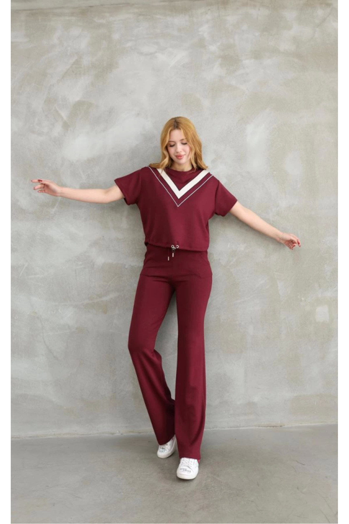 Osy Modal Yumuşak Dokulu Kumaş Bisiklet Yaka Parçalı Detaylı Kısa Kollu Takım - Bordo