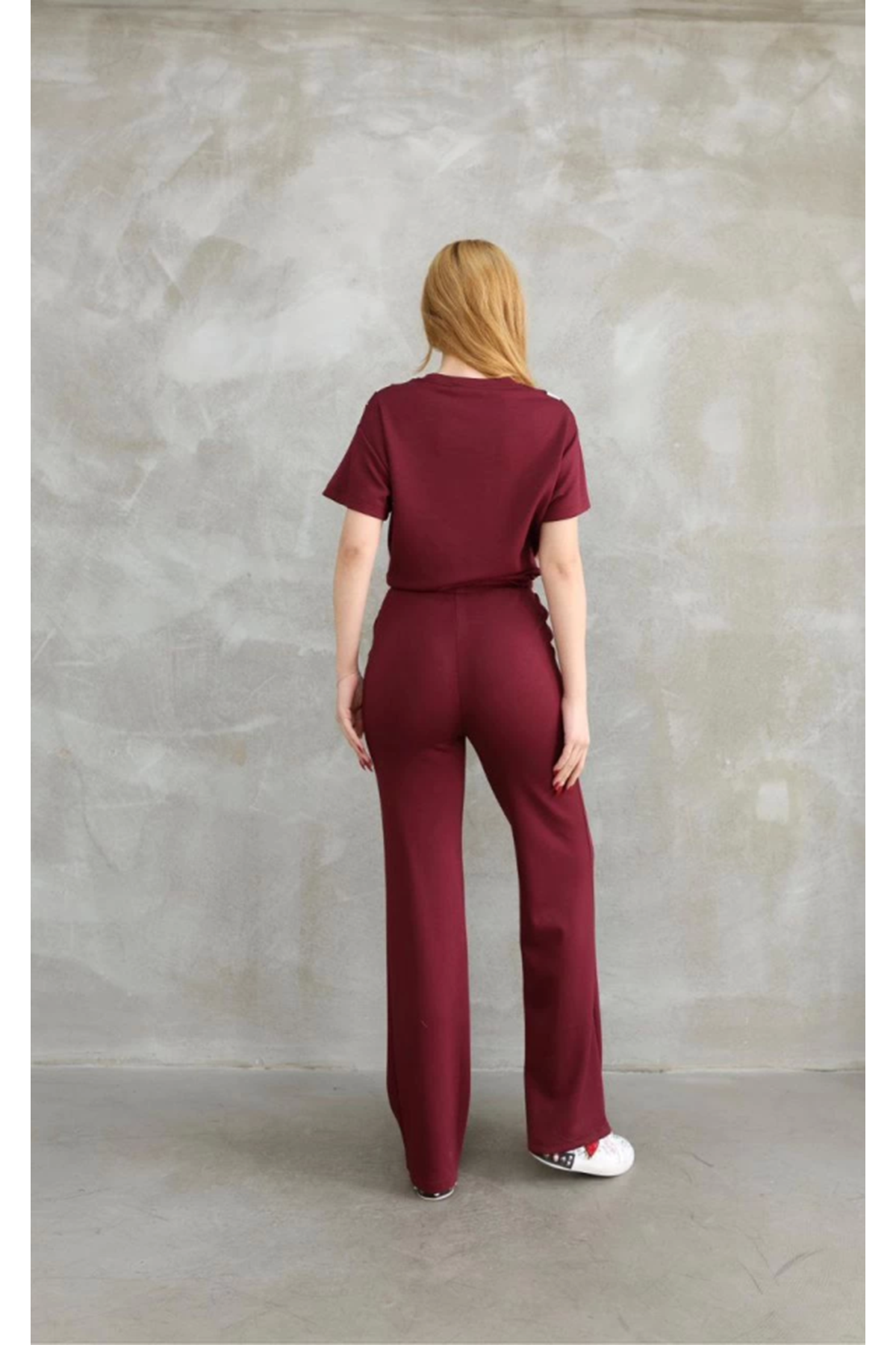 Osy Modal Yumuşak Dokulu Kumaş Bisiklet Yaka Parçalı Detaylı Kısa Kollu Takım - Bordo