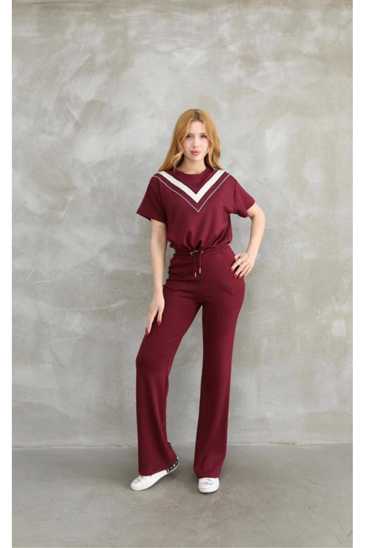 Osy Modal Yumuşak Dokulu Kumaş Bisiklet Yaka Parçalı Detaylı Kısa Kollu Takım - Bordo