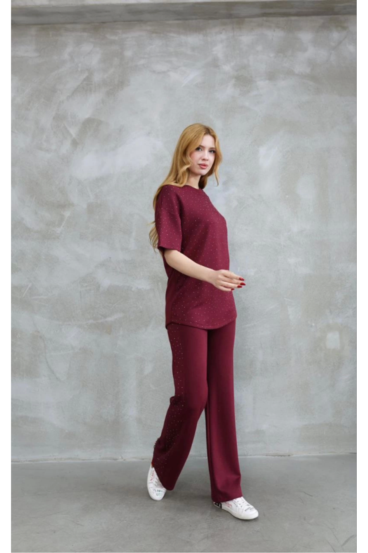 Osy Modal Yumuşak Dokulu Kumaş Bisiklet Yaka Taş Detaylı Kısa Kollu Takım - Bordo