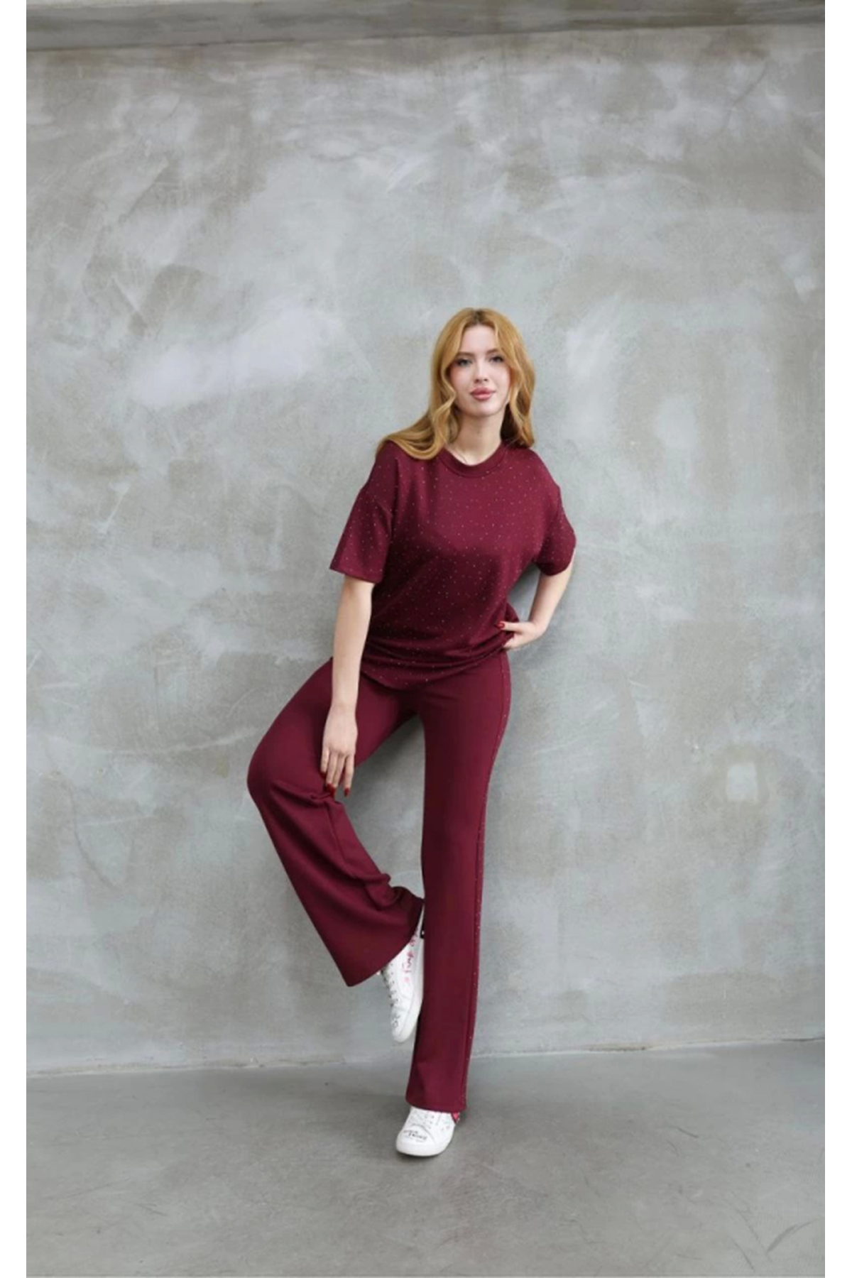 Osy Modal Yumuşak Dokulu Kumaş Bisiklet Yaka Taş Detaylı Kısa Kollu Takım - Bordo