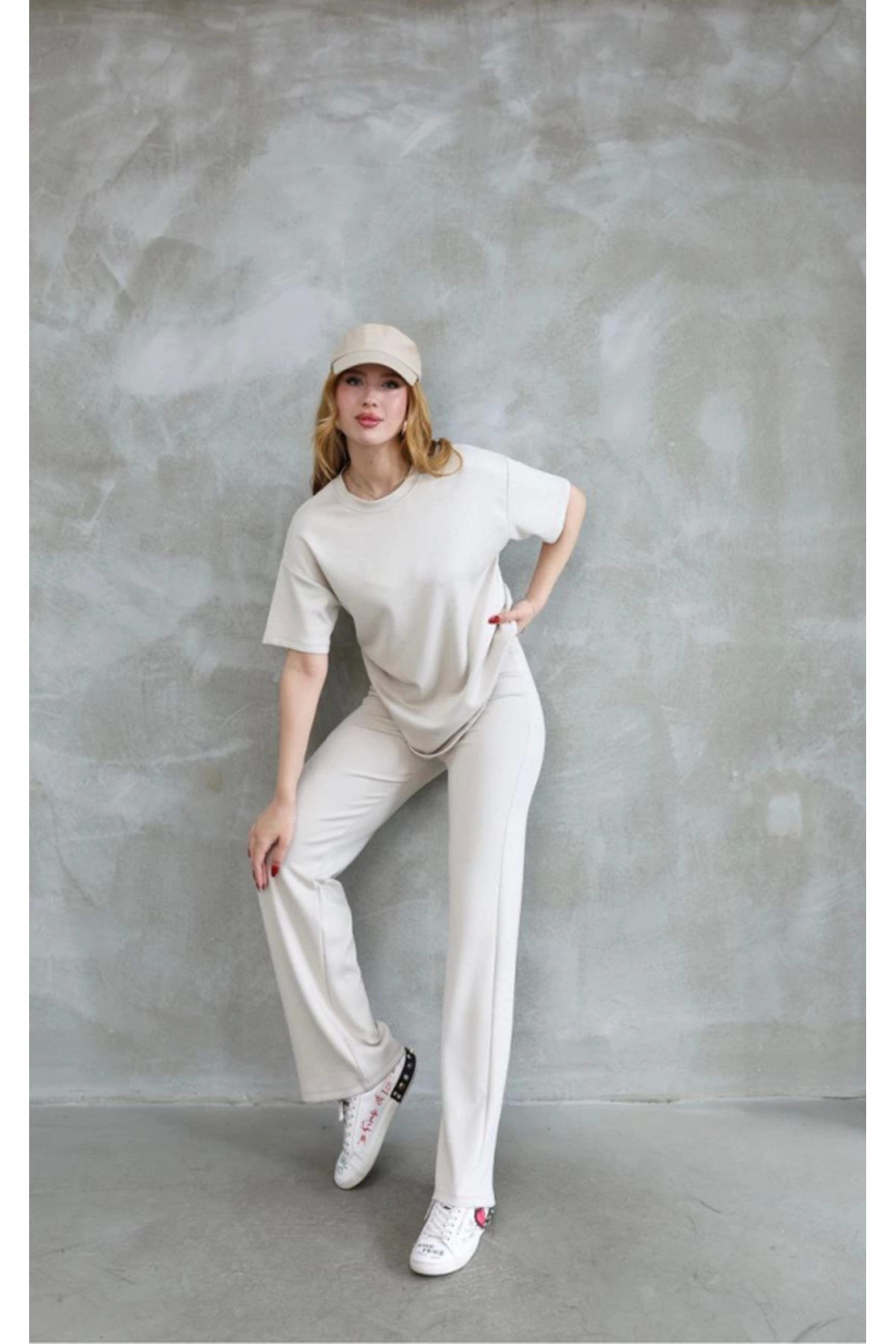 Osy Modal Yumuşak Dokulu Kumaş Bisiklet Yaka Taş Detaylı Kısa Kollu Takım - Kırık Beyaz