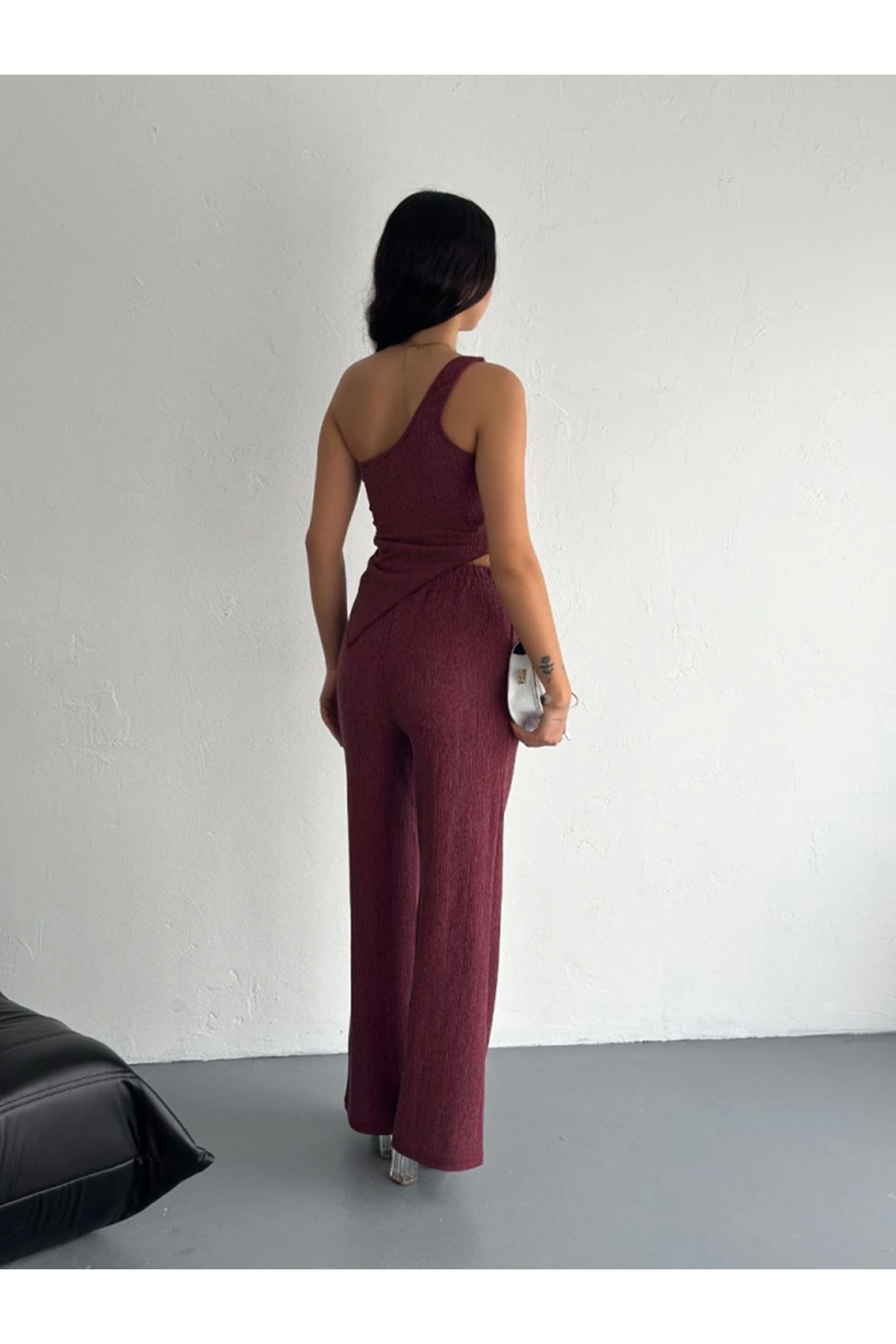 Asimetrik Crop Pantalon Ikili Takım - Gül Kurusu