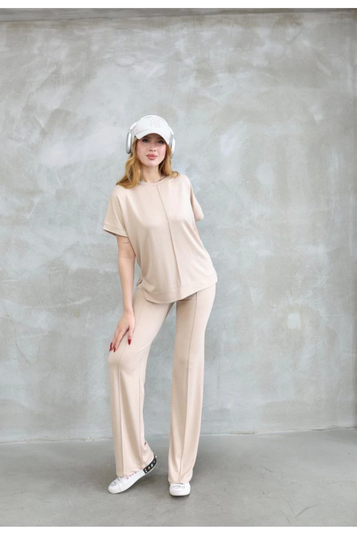 Osy Modal Yumuşak Dokulu Kumaş Bisiklet Yaka Kısa Kollu Takım - Bej