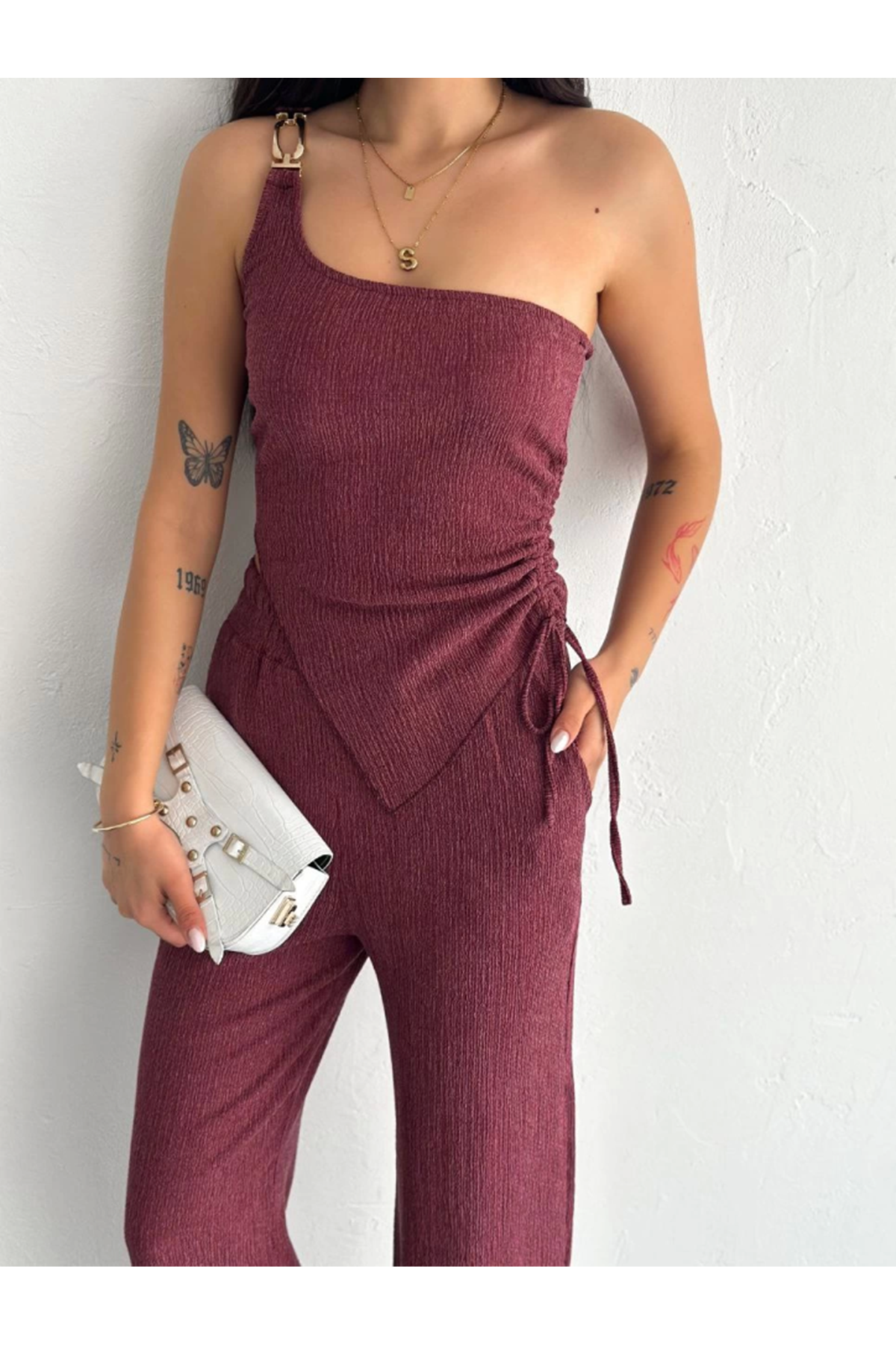 Asimetrik Crop Pantalon Ikili Takım - Gül Kurusu