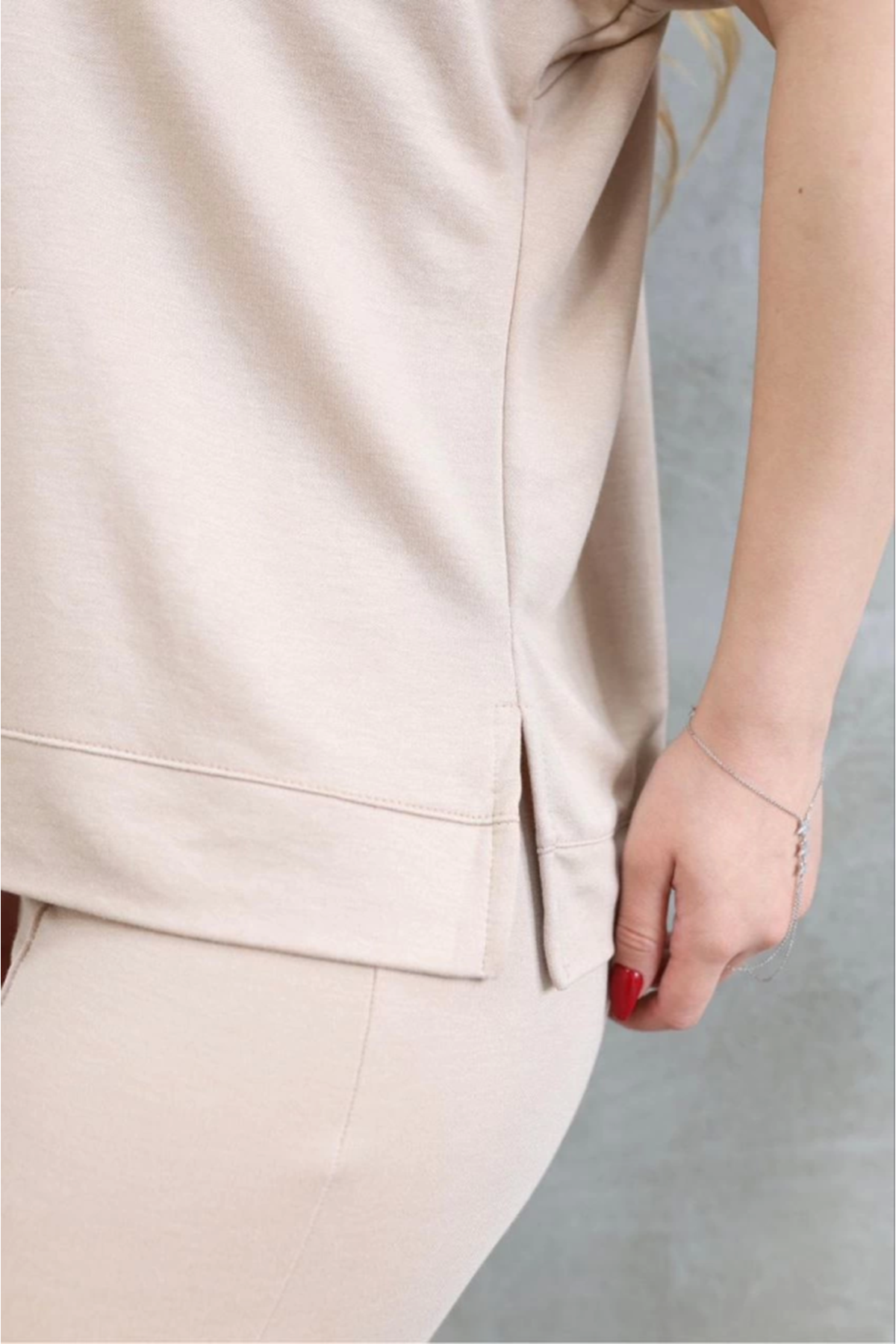 Osy Modal Yumuşak Dokulu Kumaş Bisiklet Yaka Kısa Kollu Takım - Bej