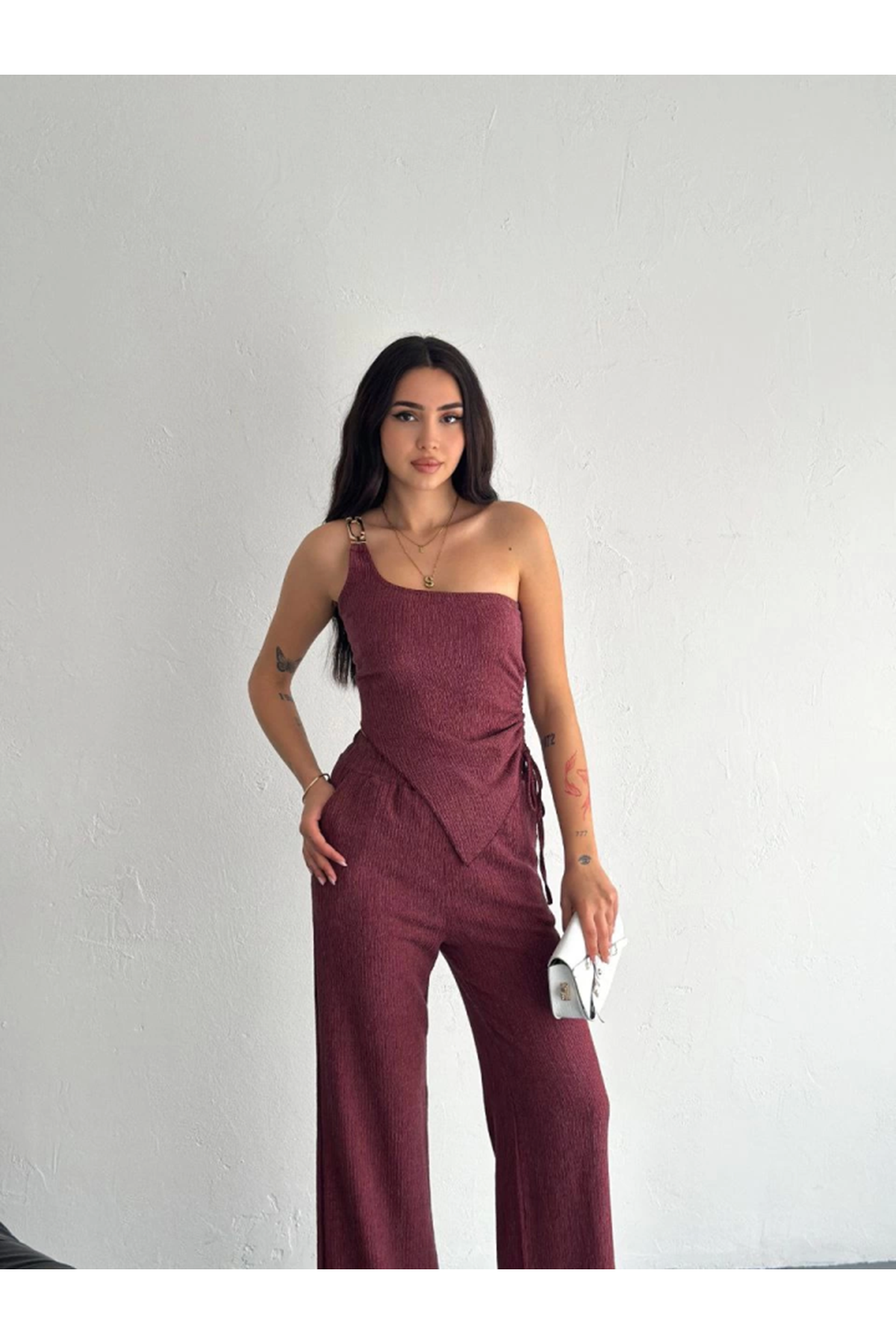 Asimetrik Crop Pantalon Ikili Takım - Gül Kurusu