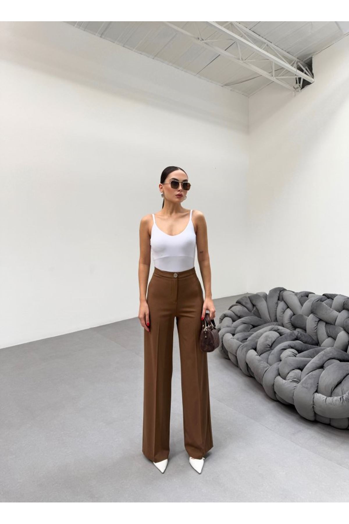 230 Gr Poly Viscose Lycra Metal Düğme Palazzo Pantolon