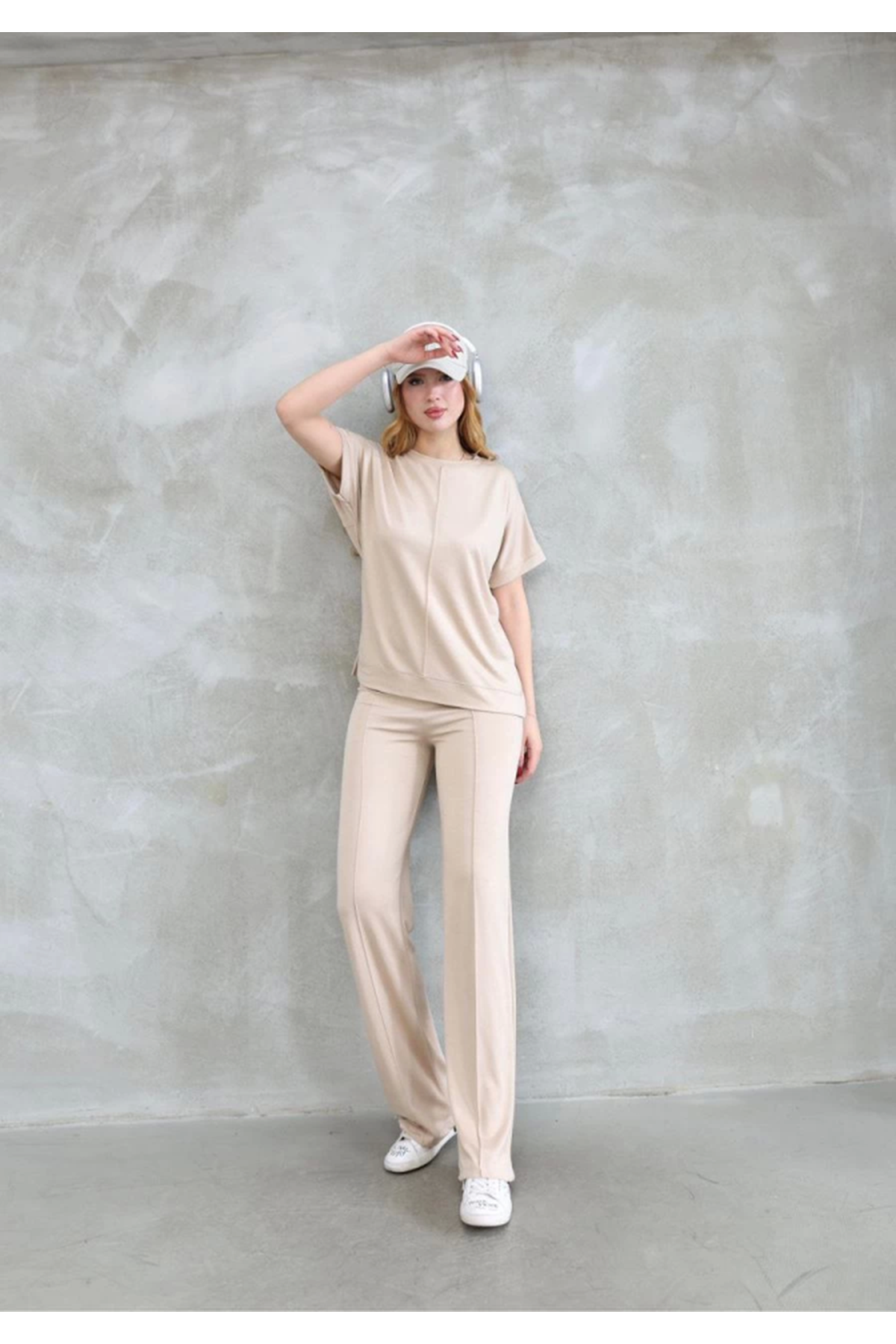 Osy Modal Yumuşak Dokulu Kumaş Bisiklet Yaka Kısa Kollu Takım - Bej