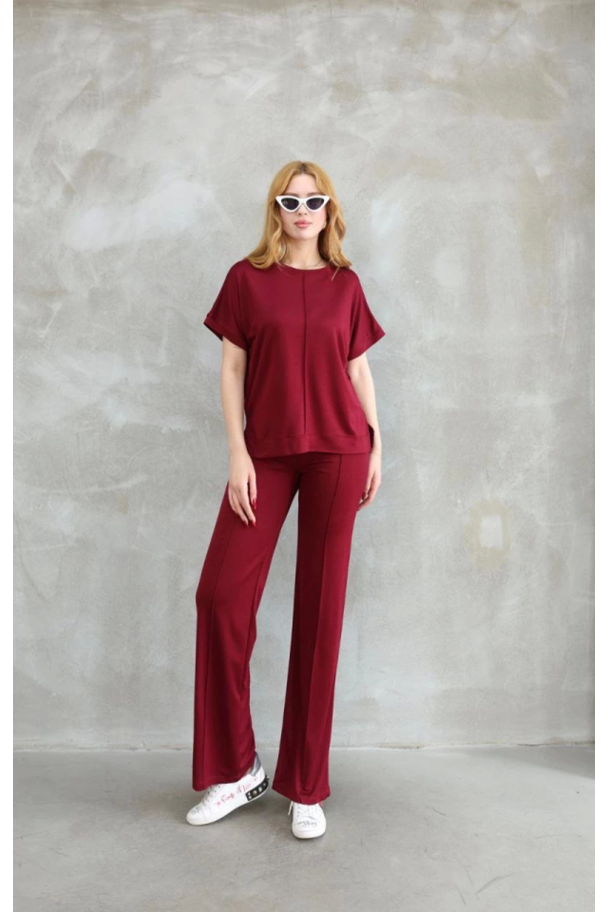 Osy Modal Yumuşak Dokulu Kumaş Bisiklet Yaka Kısa Kollu Takım - Bordo