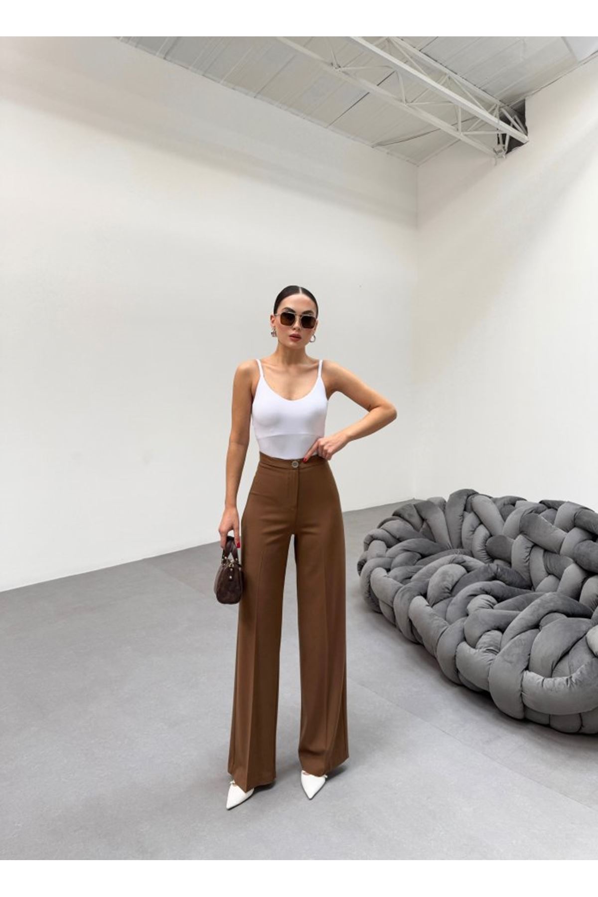 230 Gr Poly Viscose Lycra Metal Düğme Palazzo Pantolon