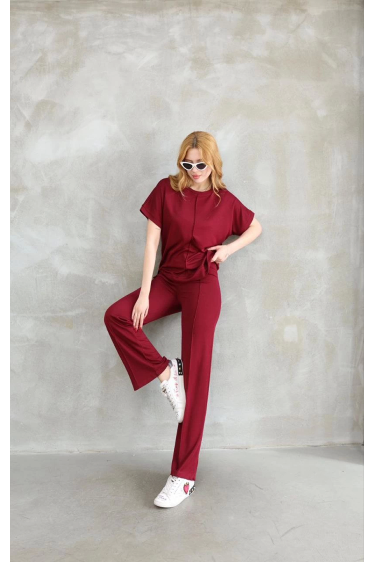 Osy Modal Yumuşak Dokulu Kumaş Bisiklet Yaka Kısa Kollu Takım - Bordo