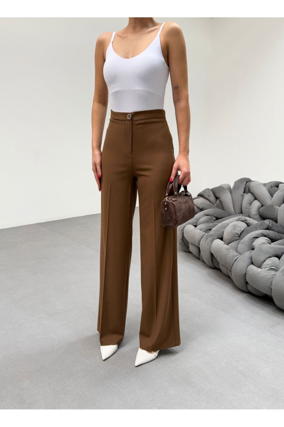 230 Gr Poly Viscose Lycra Metal Düğme Palazzo Pantolon