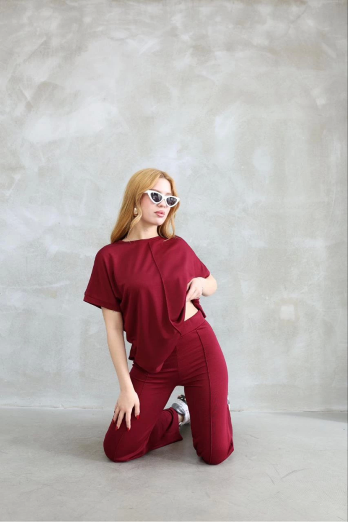 Osy Modal Yumuşak Dokulu Kumaş Bisiklet Yaka Kısa Kollu Takım - Bordo