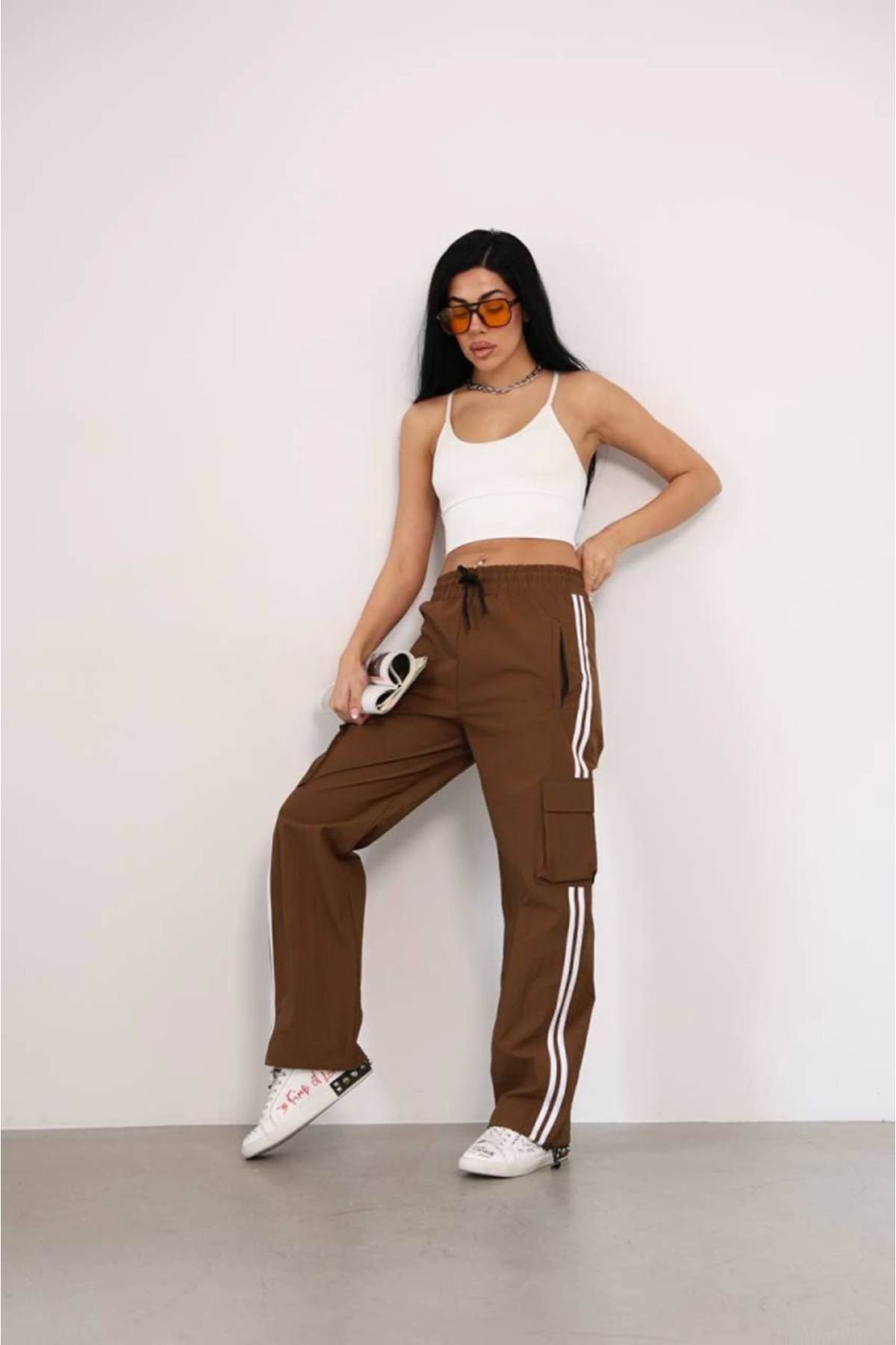 Praşut Kumaş Kargo Çeplı Baggy Esofman - Kahve