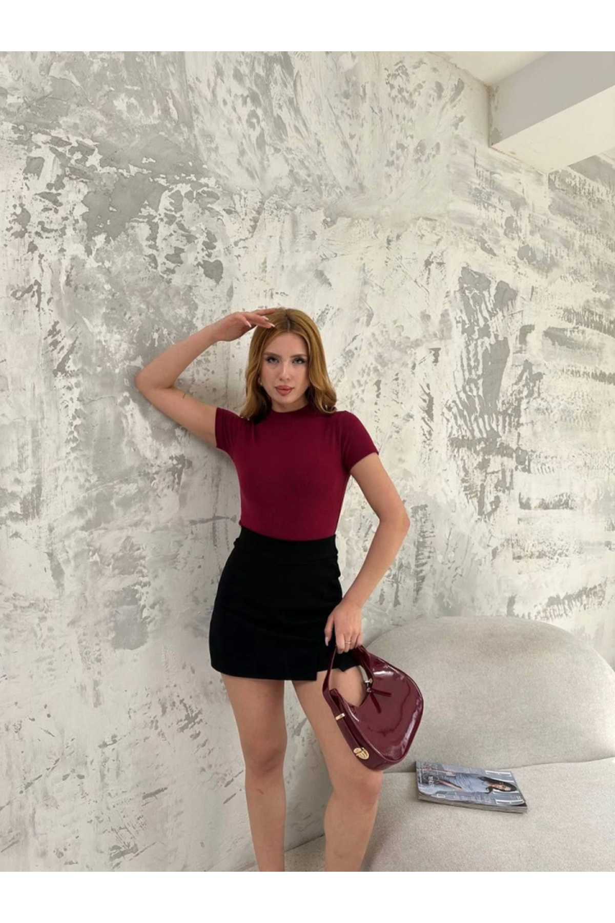 Kısa Kol Badi Bluz - Bordo