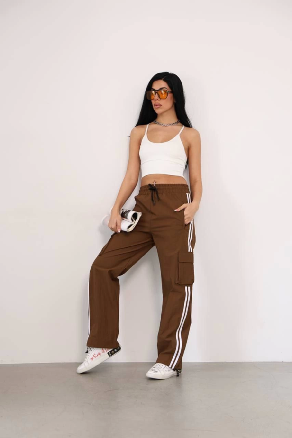 Praşut Kumaş Kargo Çeplı Baggy Esofman - Kahve