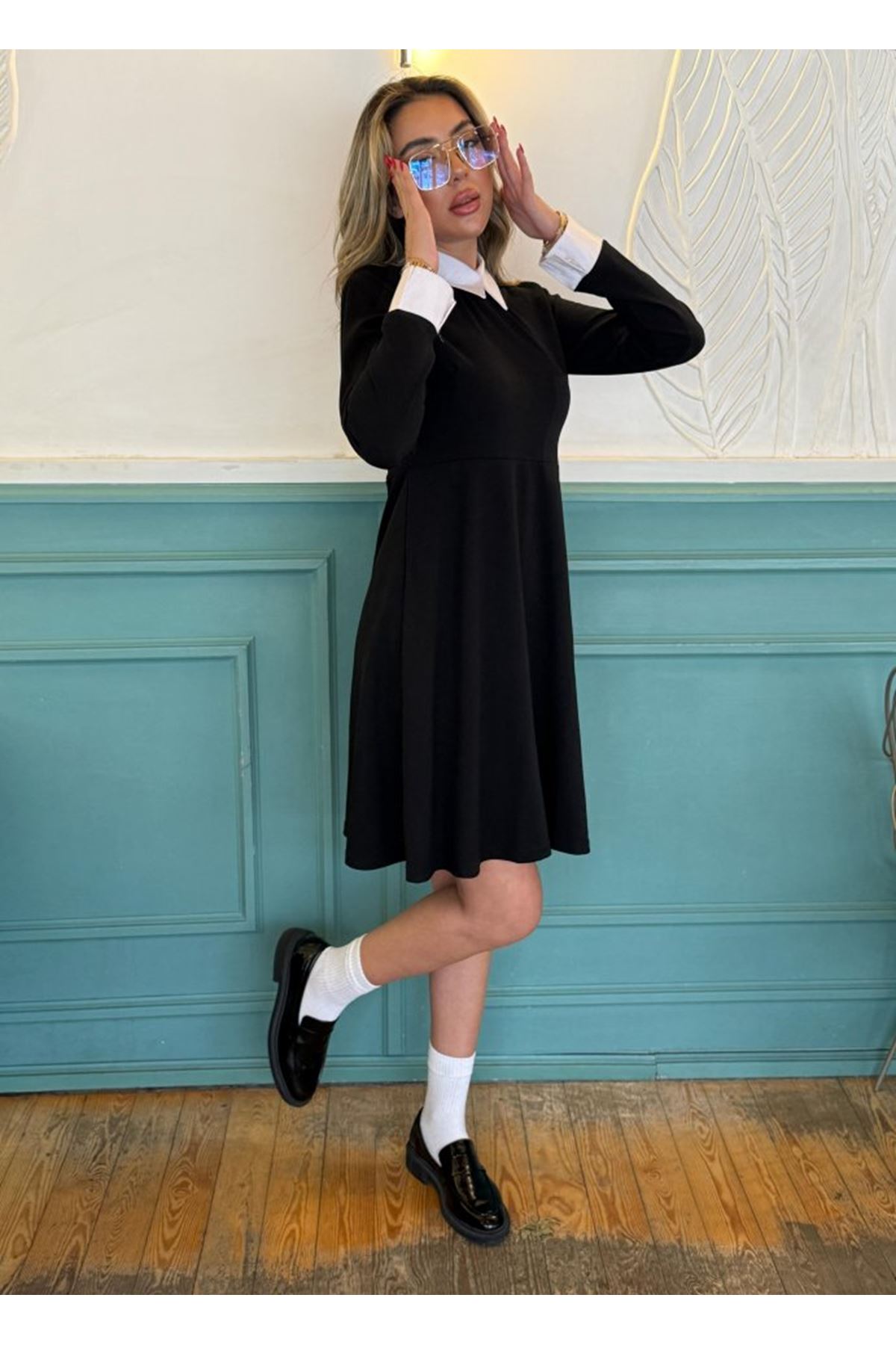 Kadın Uzun Kollu Gömlek Yaka Krep Kumaş Elbise