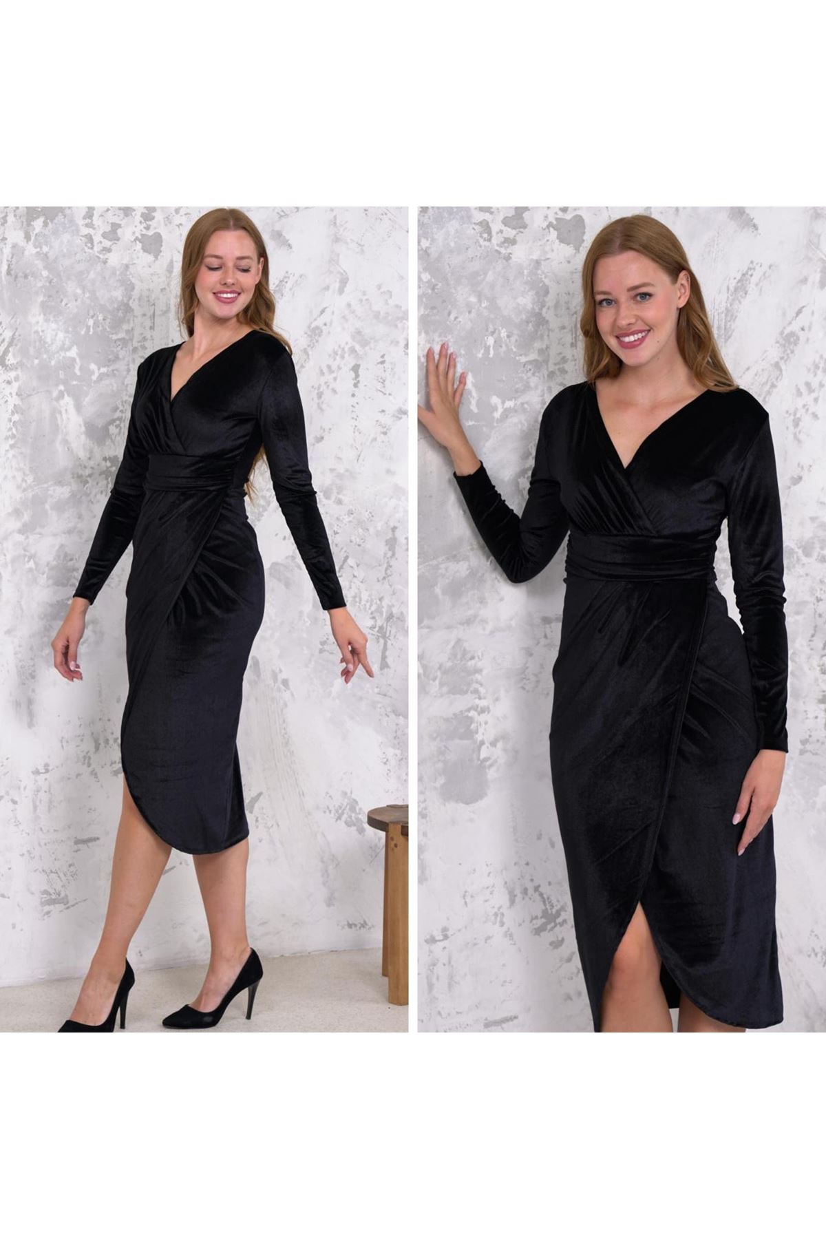 Kadın Kadife Kumaş V Yaka Uzun Kollu Midi Boy Elbise