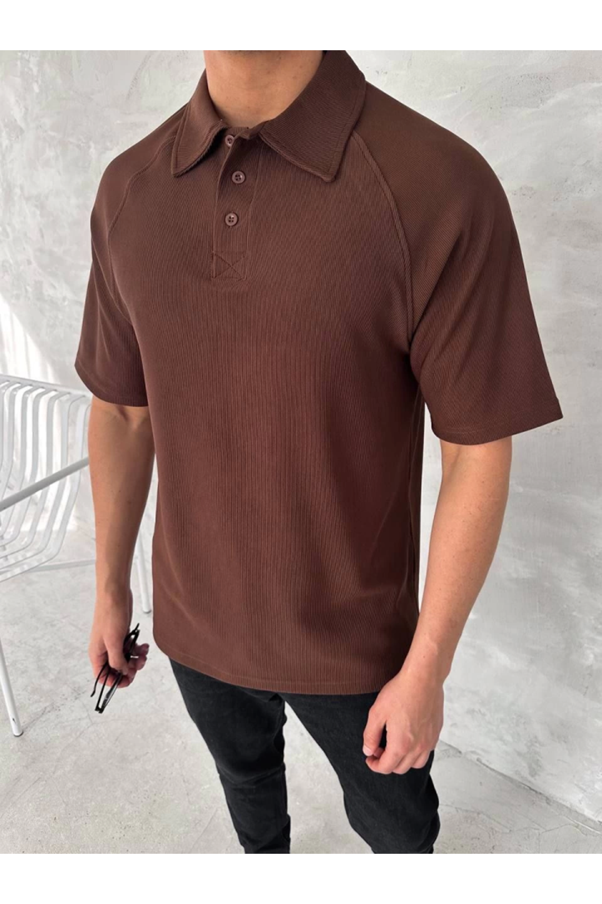 Yakalı Patlı Kısa Kol T-shirt - Kahverengi