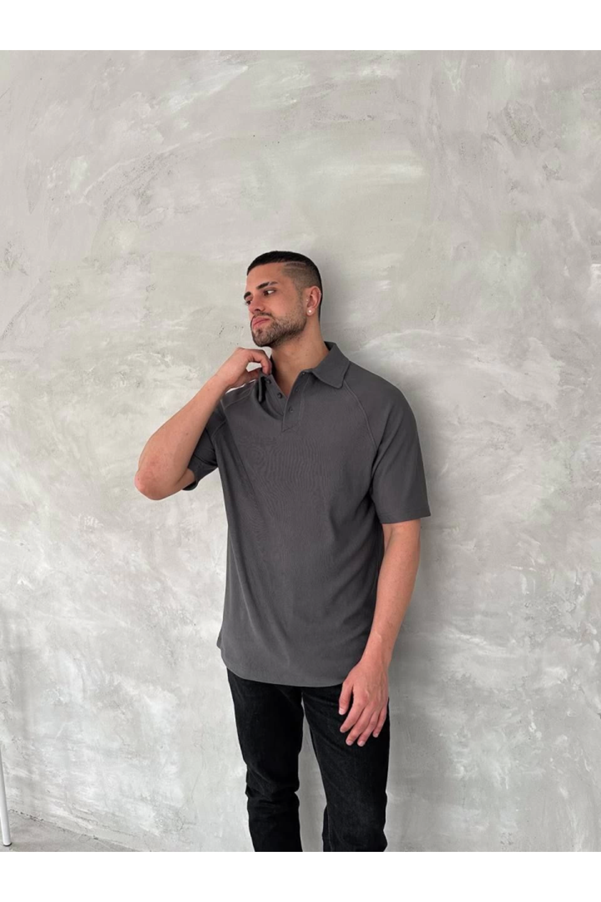 Yakalı Patlı Kısa Kol T-shirt - Antrasit