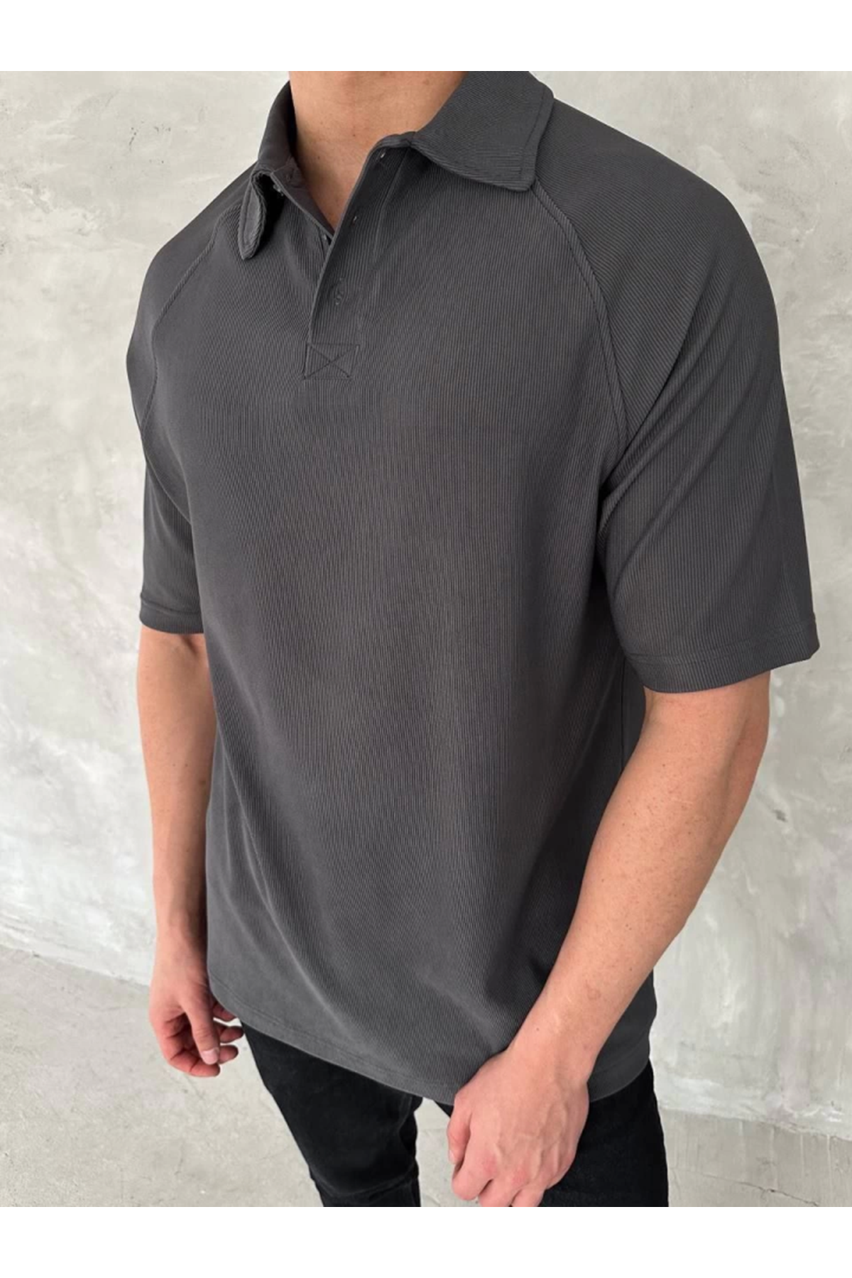 Yakalı Patlı Kısa Kol T-shirt - Antrasit