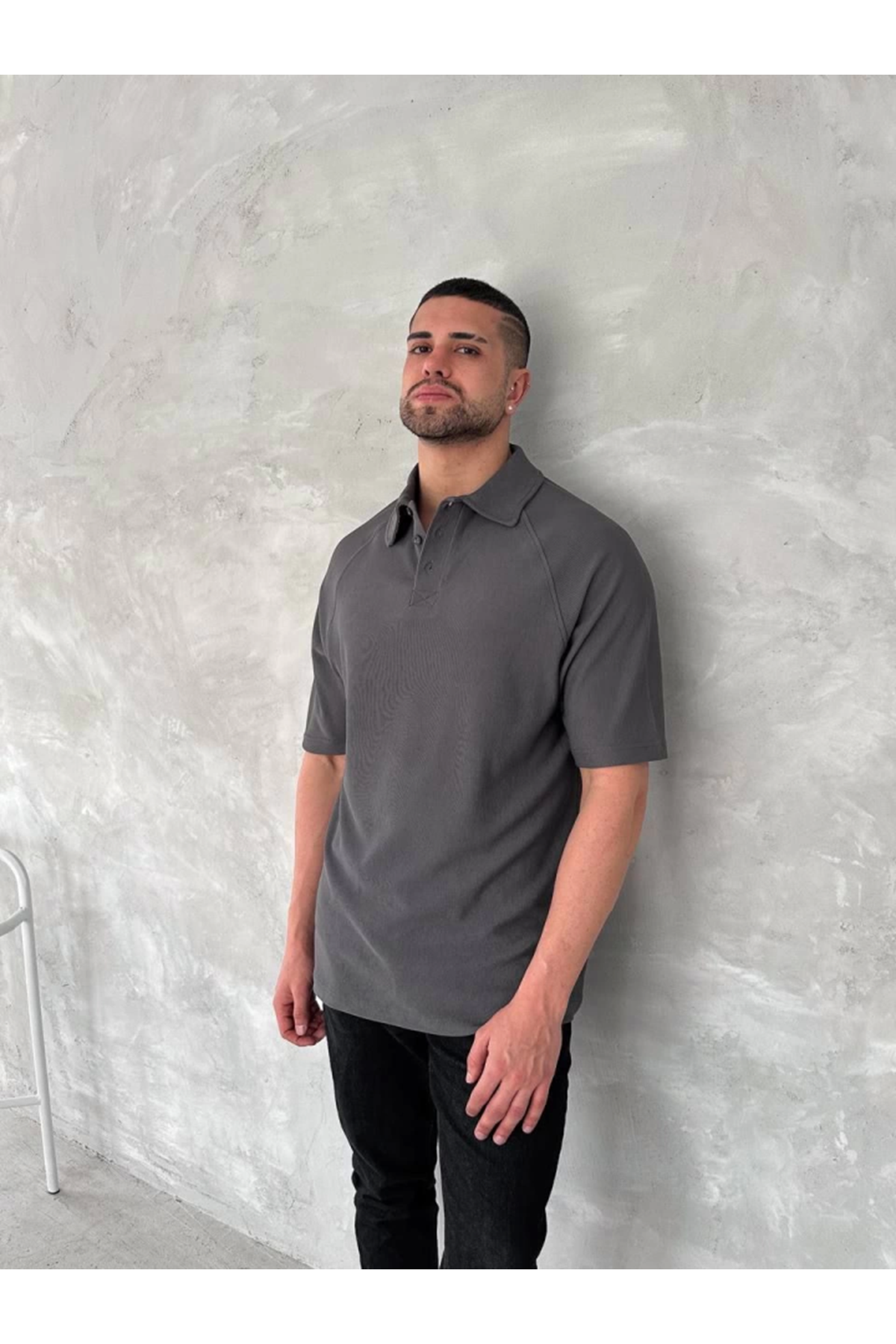 Yakalı Patlı Kısa Kol T-shirt - Antrasit