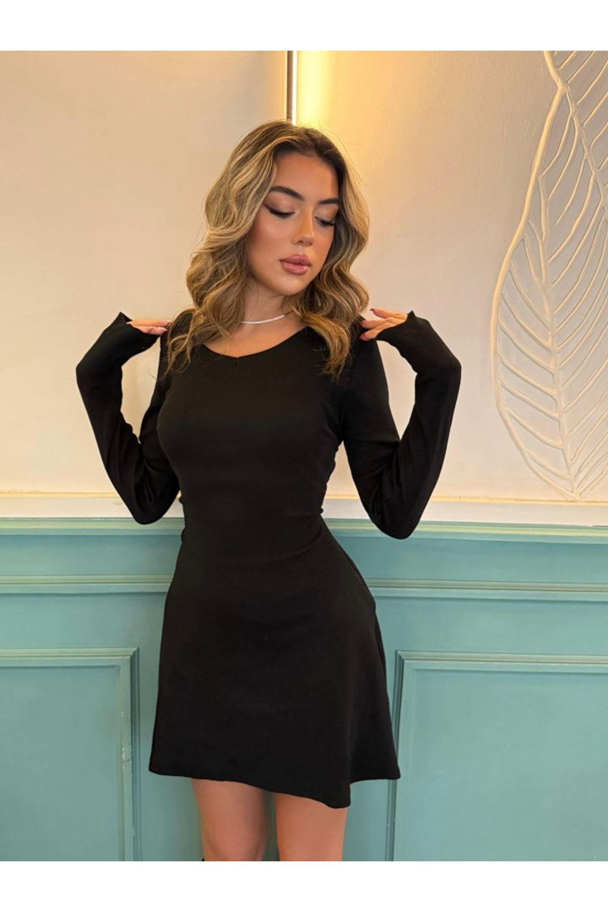 Kadın Uzun Kollu Bisiklet Yaka Kısa Kaşkorse Elbise