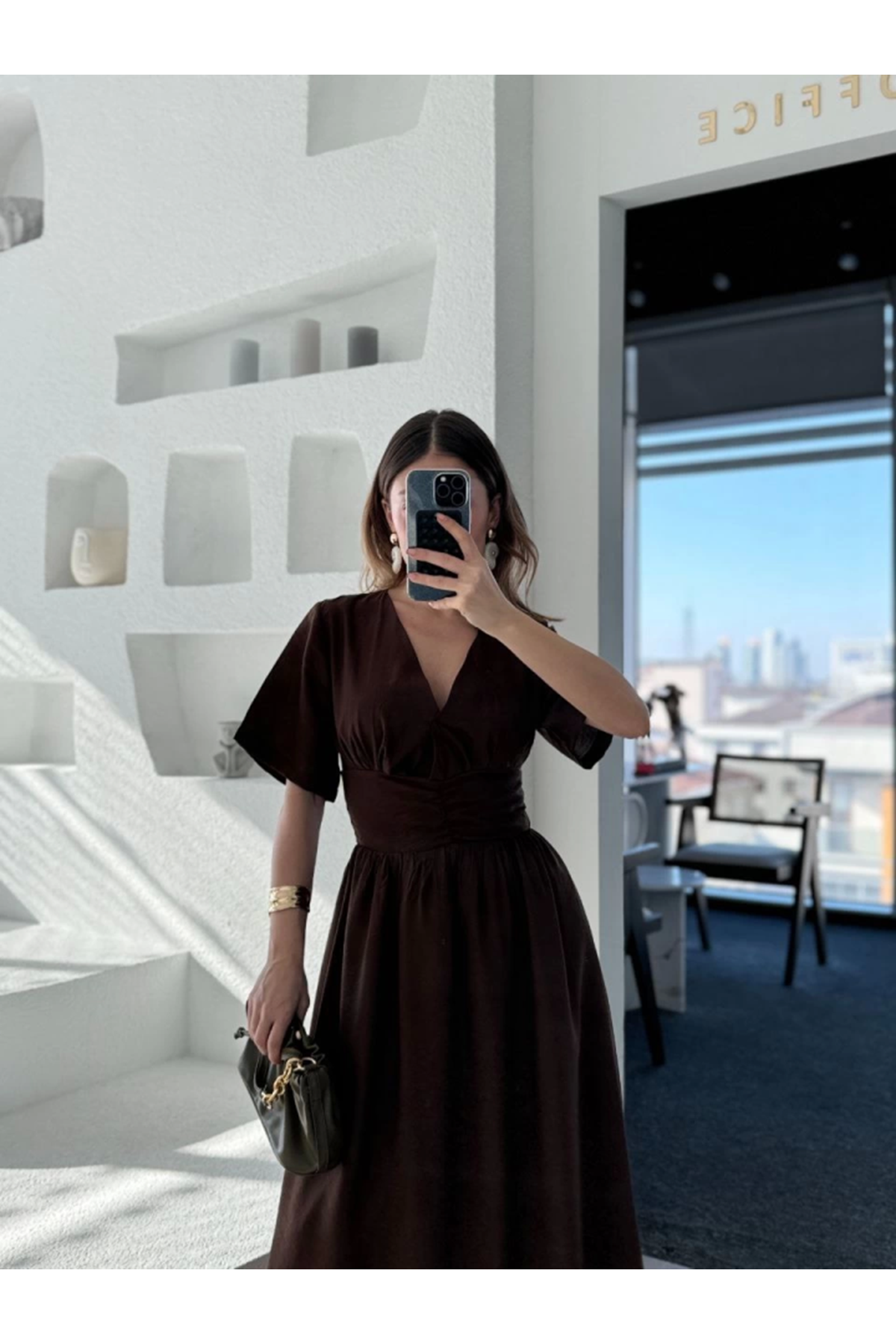 Kısa Kollu Uzun Elbise - Kahve