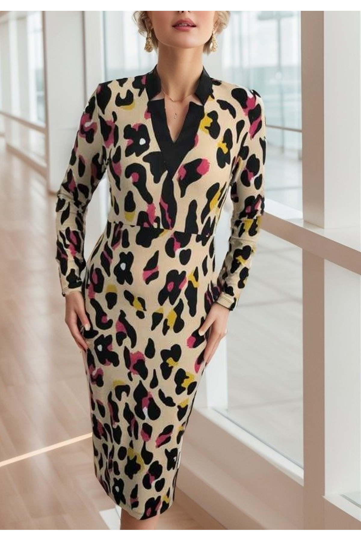 Kadın Uzun Kollu V Yaka Puantiyeli Krep Midi Boy Elbise