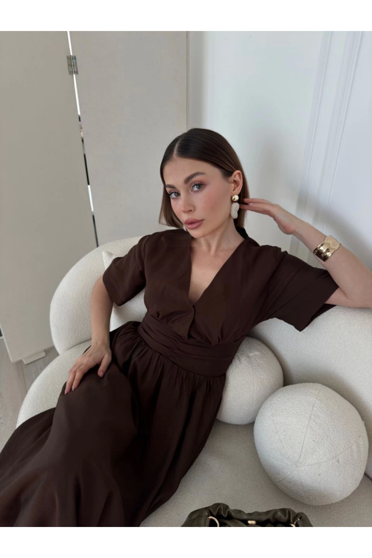Kısa Kollu Uzun Elbise - Kahve